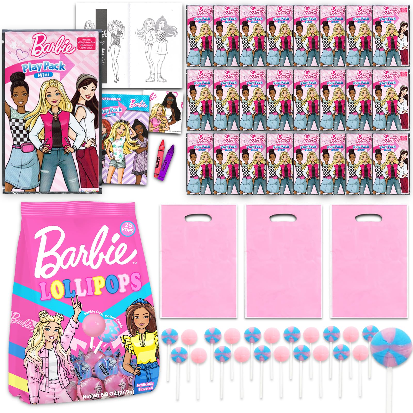 Barbie Ultimatives Party-Set ~ 24-teiliges Gästeset mit Mini-Malbuch, Goodie-Taschen und 50 einzeln verpackten Lutscher-Saugnäpfen, Barbie Birthday-Partyzubehör für Kinder, Mädchen