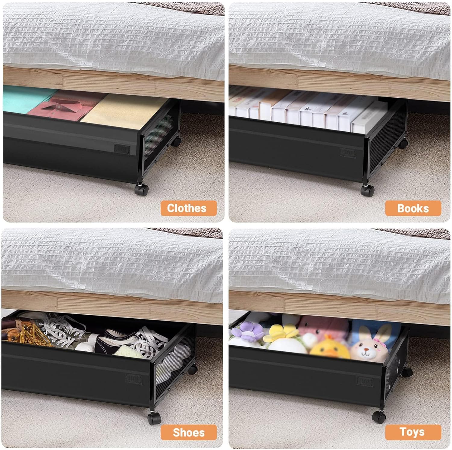 Under Bed Storage on Wheels, 2 Pack Under Bed Storage Box with Lid, Rolling Underbed Storage with Wheels for Clothes, Shoes, Blankets,Black