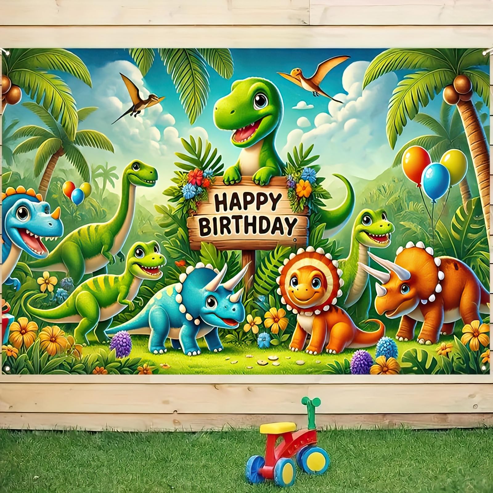BlissYard Happy Tropical Jungle Birthday Party Backdrop - Dinosaur Backdrop Boys Dino Themed Decorations Scales Photography Photo Studio Booth Banner