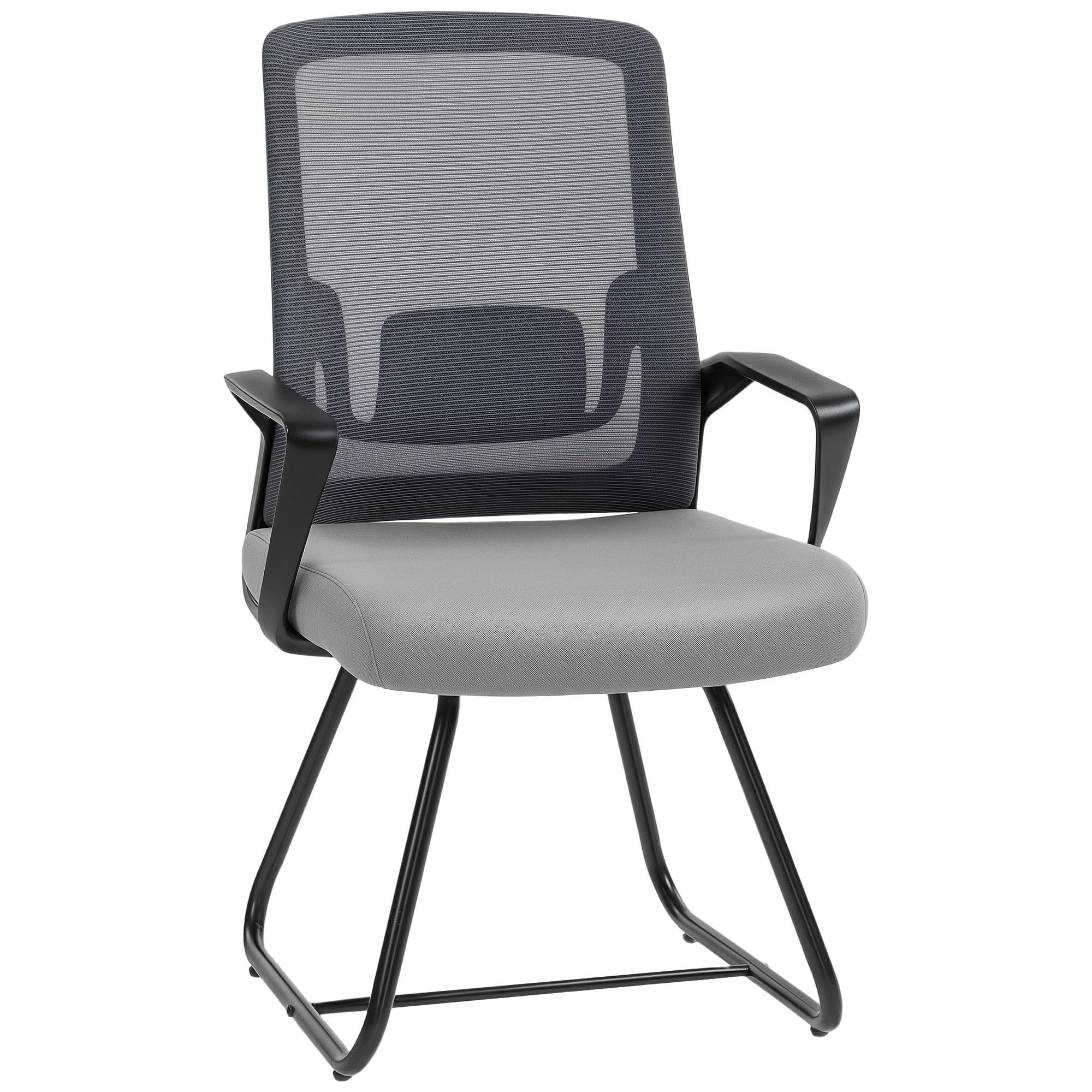 HOMCOM Sedia Ufficio Senza Ruote, in Tessuto Rete Traspirante Grigio Scuro | Sedia per Sala d'Attesa e Sala Conferenze, Supporto per Lombare, Braccioli, Poltrona Ergonomica per Ospiti e Visitatori