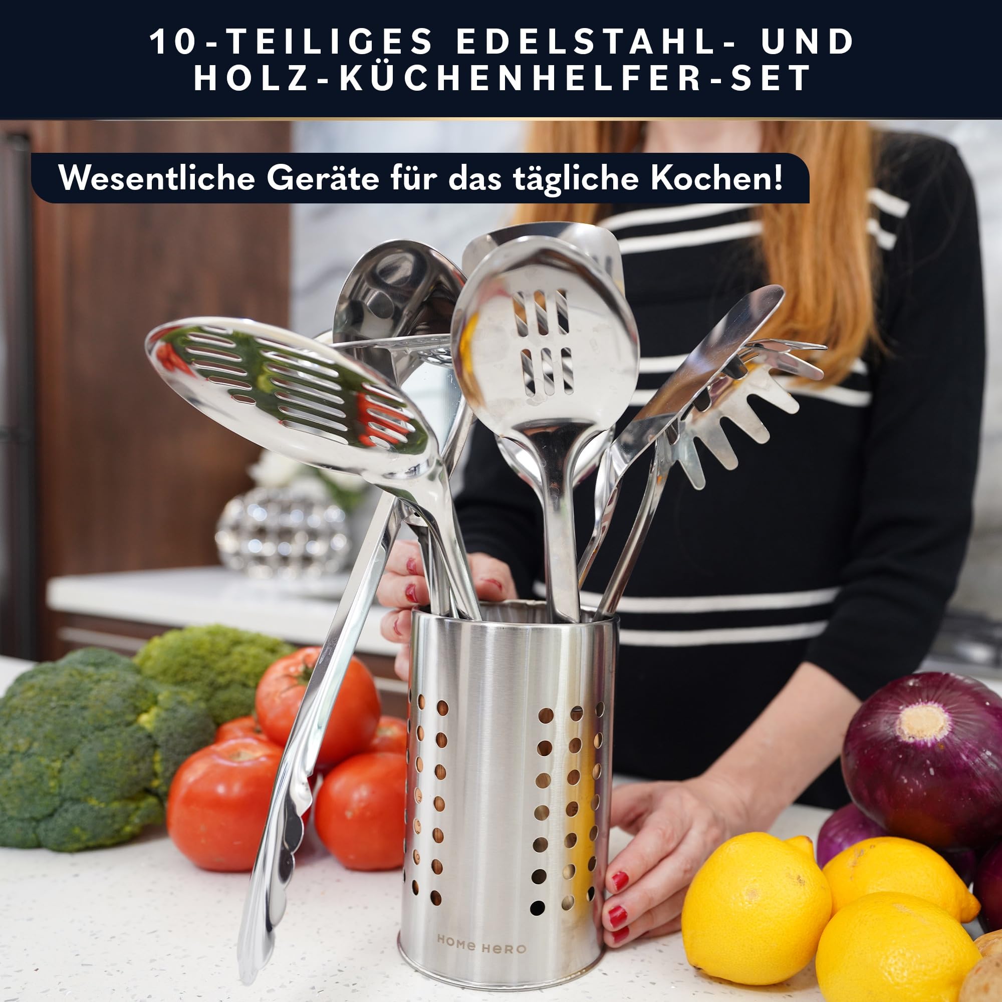 Home Hero Edelstahl-Küchenutensilien-Set - Antihaft-Edelstahl-Kochutensilien-Set - Hitzebeständige Küchenutensilien & Küchenhelfer aus Metall (10 tlg- Holz und Silbe)