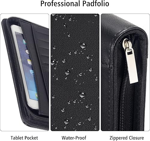 Miniatura 4 de Cartera de negocios de cuero con cremallera, negro profesional ejecutivo de cuero sintético para hombres o mujeres con calculadora, bolsillos para