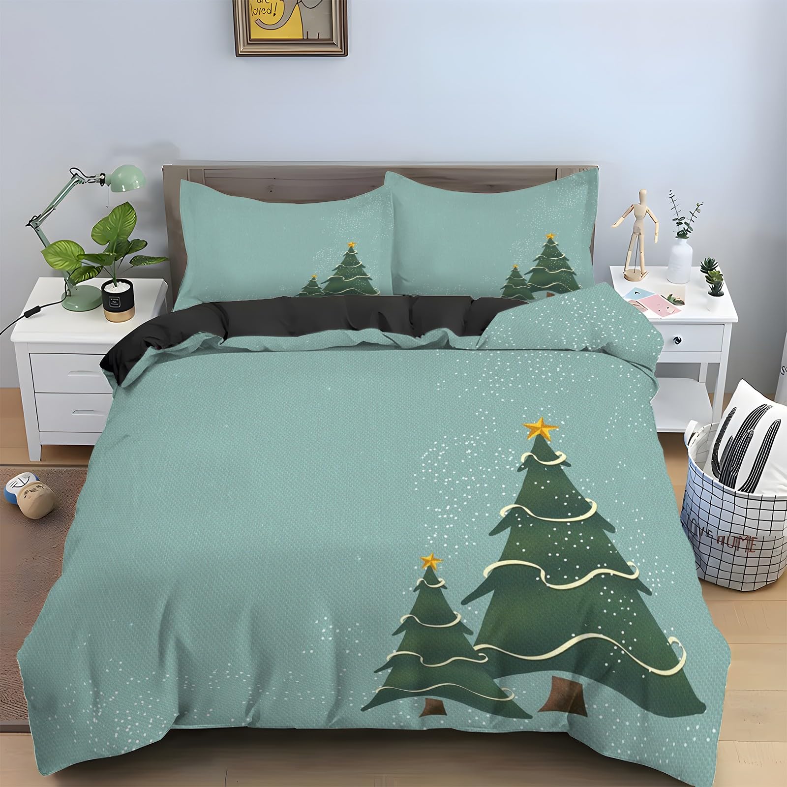 Décoration de Noël pour chambre : parure de lit 90x190 avec housse de couette Arbre de Noël douce