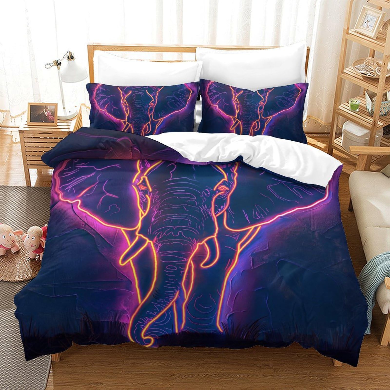 Housse de couette éléphants 200x200 cm avec 2 taies d'oreiller pour lit double