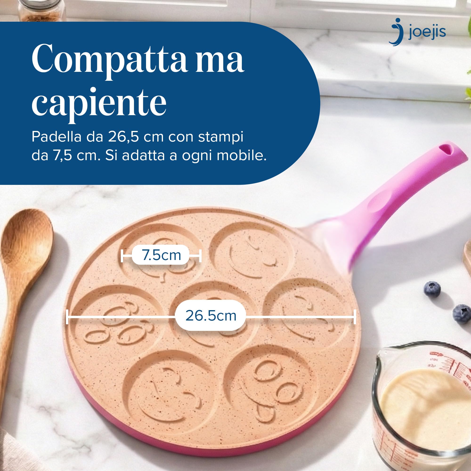 Joeji's Kitchen Teglia per pancake a 7 fori 26,5 cm Smiley - Alluminio antiaderente leggero - Induzione elettrica a gas - Mini pancake pancake crêpe - Cucina divertente per bambini - Rosa