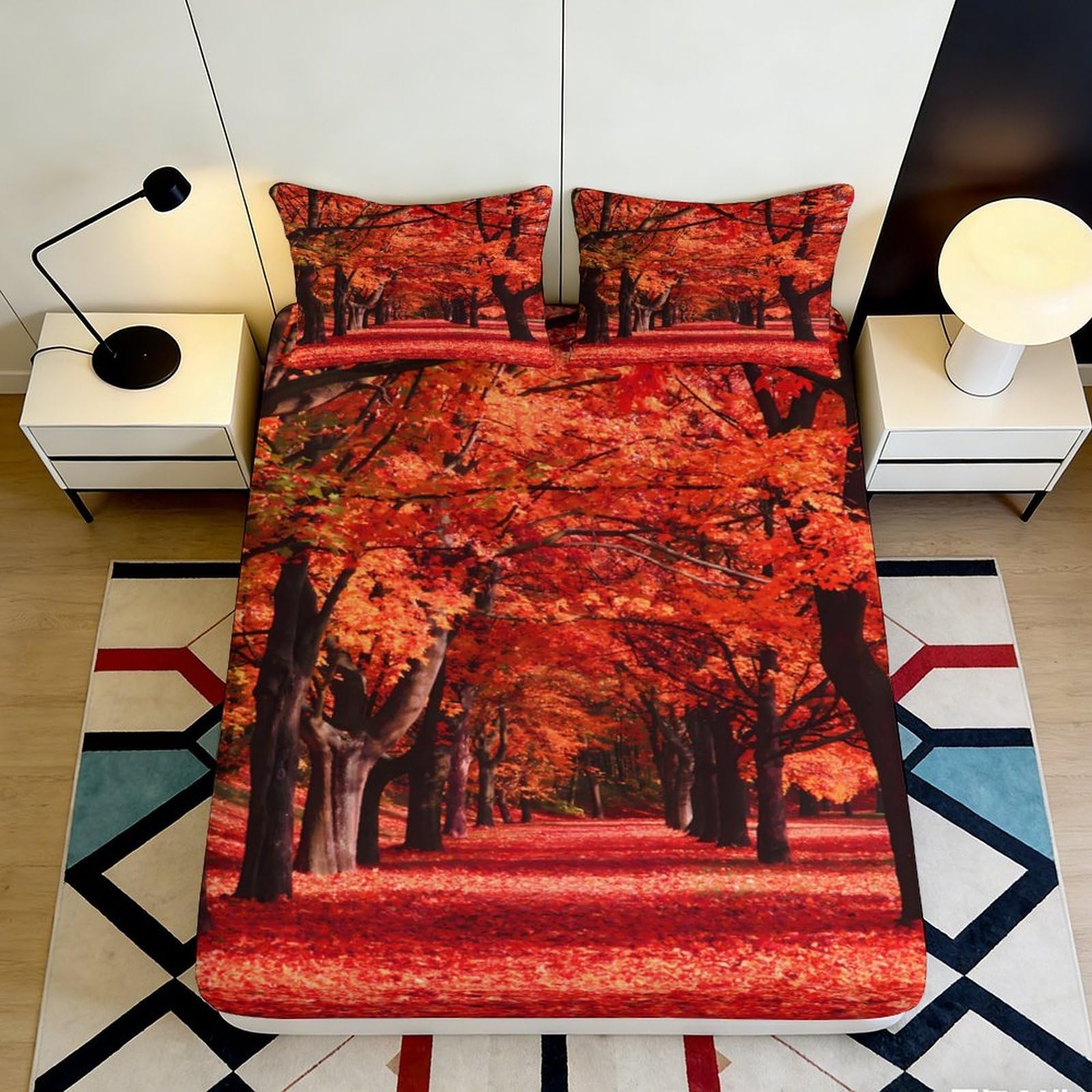 3D Printed Autumn Maple Avenue Fitted Sheet Microfiber Soft Anti-Slip Leaf Path Mattress Cover for Bedroom Guest Room 90x200x25cm