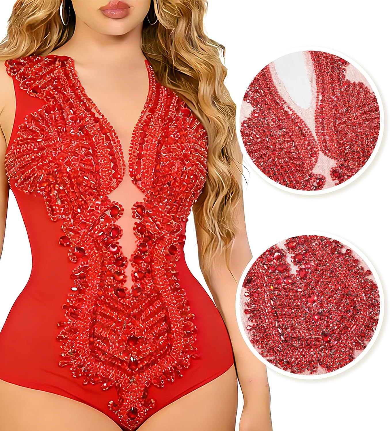Hand-Made Beaded Rhinestons DIY Clothing Appliques Patch Wedding Dress Decoration Applique（M3-Red）