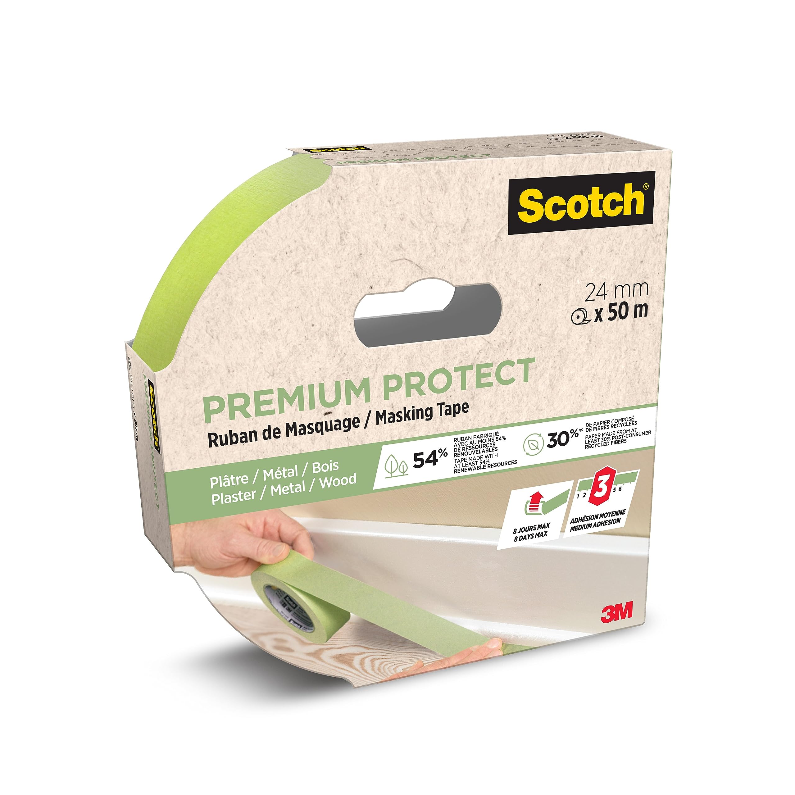 Multi-Surface Premium Protect Masking Tape - 1 Roll, 24 mm x 50 m - Scotch Adhesive Painters Tape, For Painting and Decorating, Indoor & Outdoor, Sticks Well, 70% PEFC