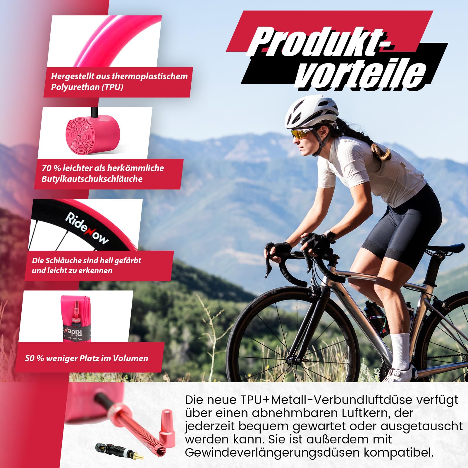 RideNow TPU Schlauch Rennrad Kompatibel mit 700x18-28C, 700x18-32C, 700x28-38C, 2 Pack 700C Ultraleichter Fahrradschlauch mit Metall Presta Ventil 45/65/85mm, 24g/36g/39g