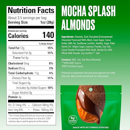 Miniatura 2 de SkinnyDipped Mocha Splash Almonds, Healthy Snack, Plant Protein, Gluten Free, 3.5 oz Resealable Bags, Pack of 5