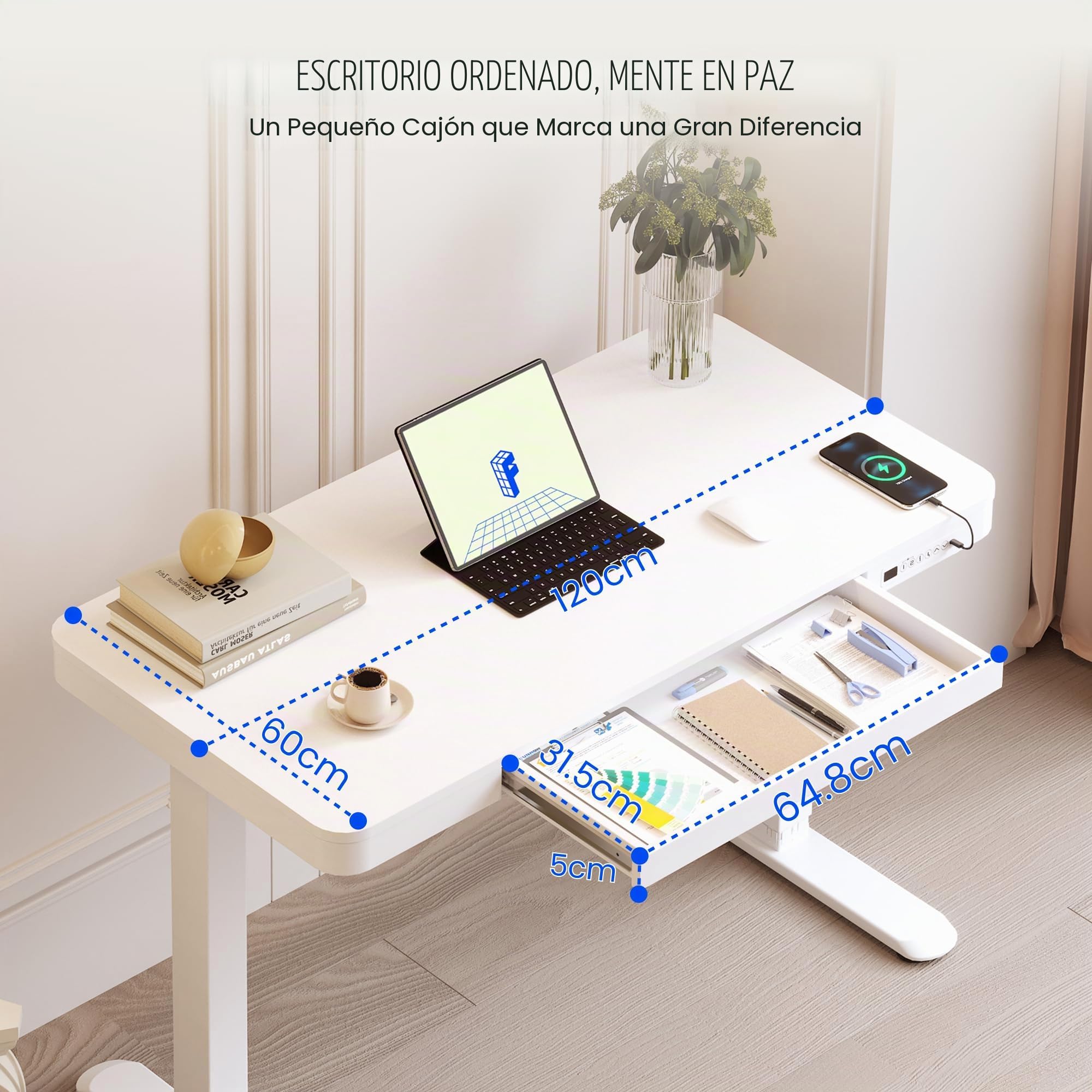 FLEXISPOT Q3 Escritorio Elevable Escritorio con Tablero Entero, Standing Desk, Mesa de Elevable con Función de USB Y Táctil, Tocador con Cajón 120x60cm (Blanco)
