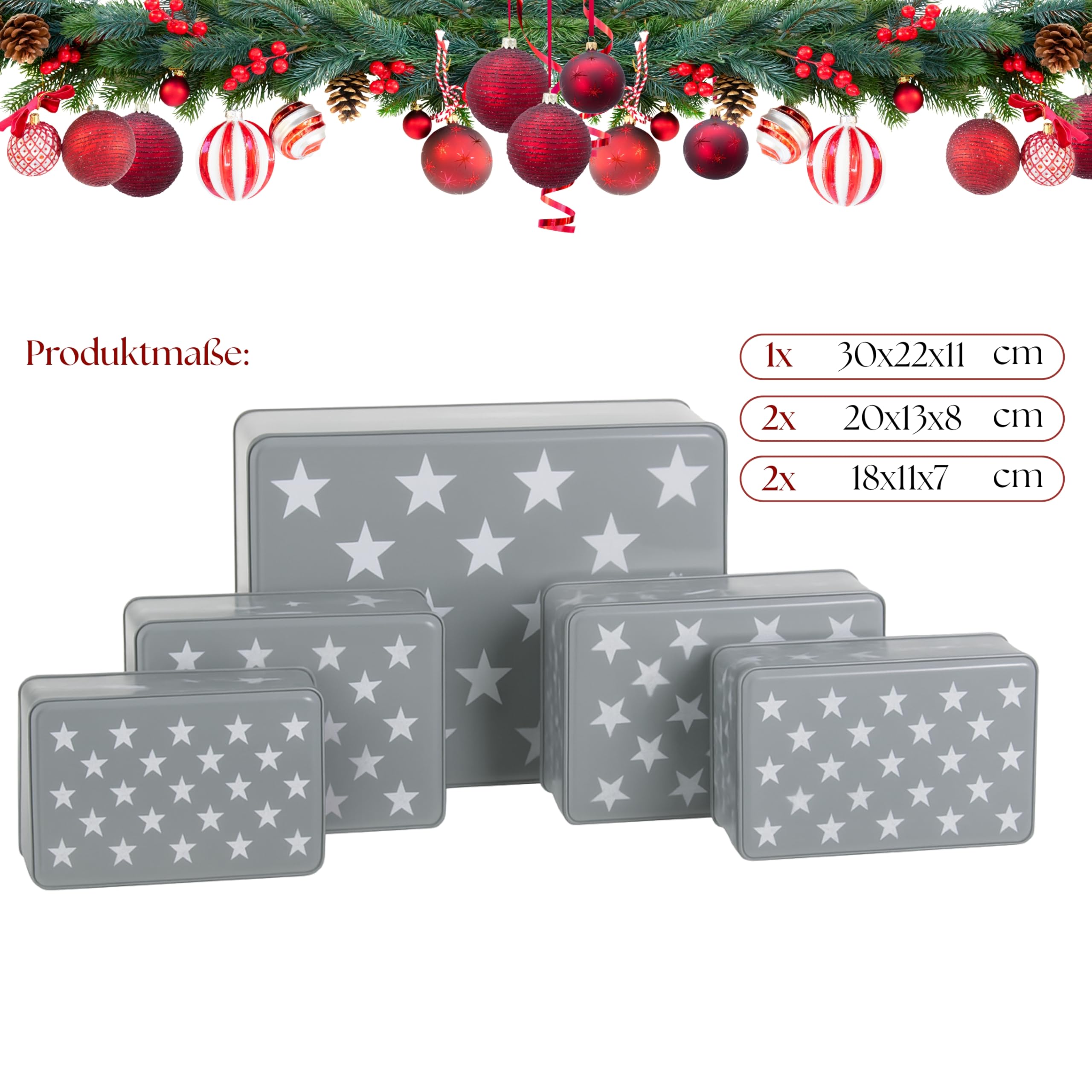 Brandsseller Set di 5 barattoli per biscotti in metallo – Barattoli natalizi con coperchio, contenitori alimentari per biscotti, dolci e pasticcini – Design grigio con stelle