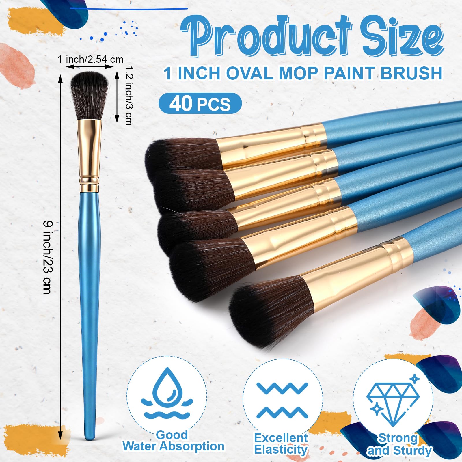 Colarr Lot de 40 pinceaux de 2,5 cm pour peinture acrylique, pinceau ovale avec manche en bois pour peinture acrylique, huile, artisanat, visage et corps (bleu)