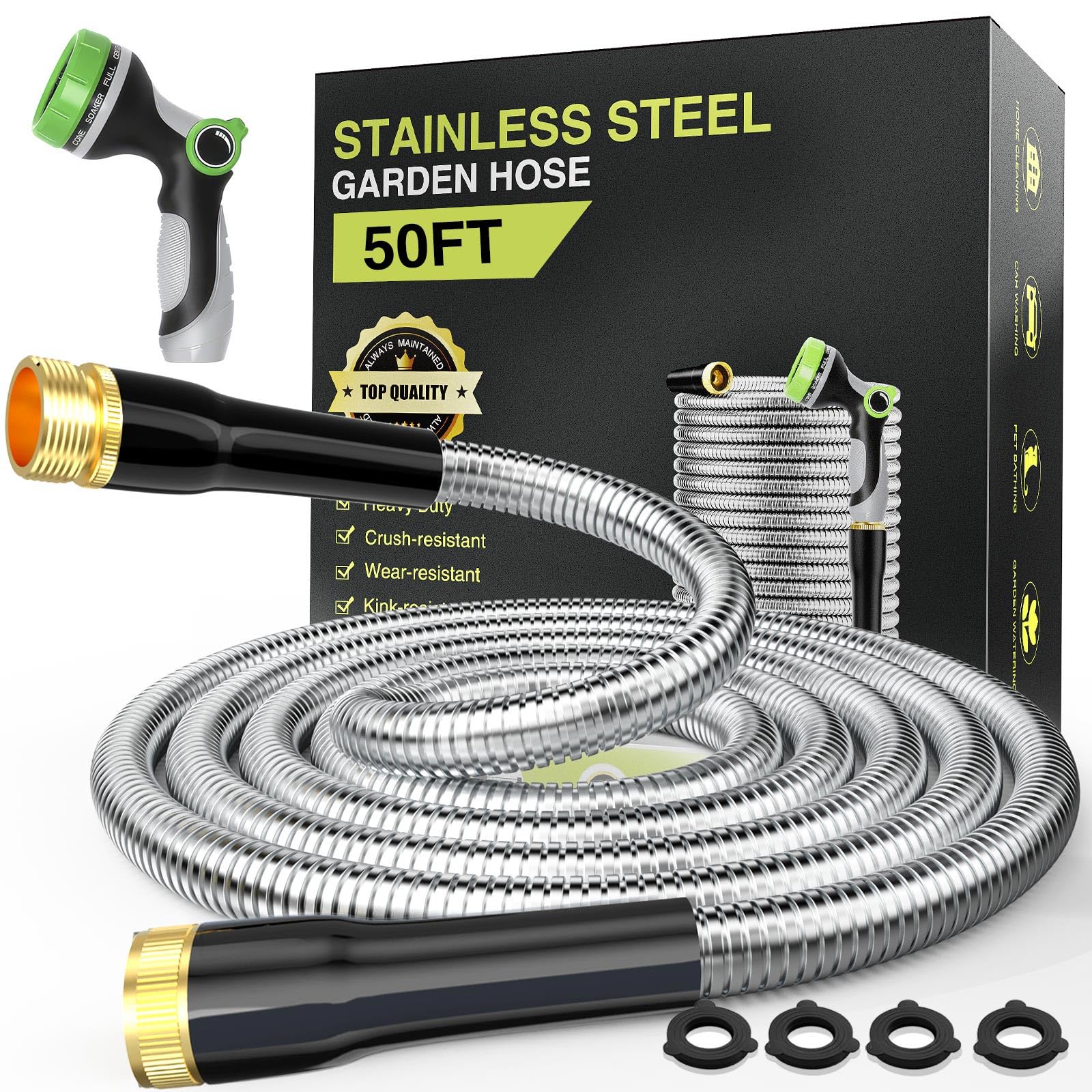 50ft Metal Garden Hose, Heavy Duty Stainless Steel Water Hose with 10-Function Spray Nozzle, 3/4" Fittings, Kink-Free Water Pipe, Durable and Leak Proof Metal Hose for Yard Outdoor.