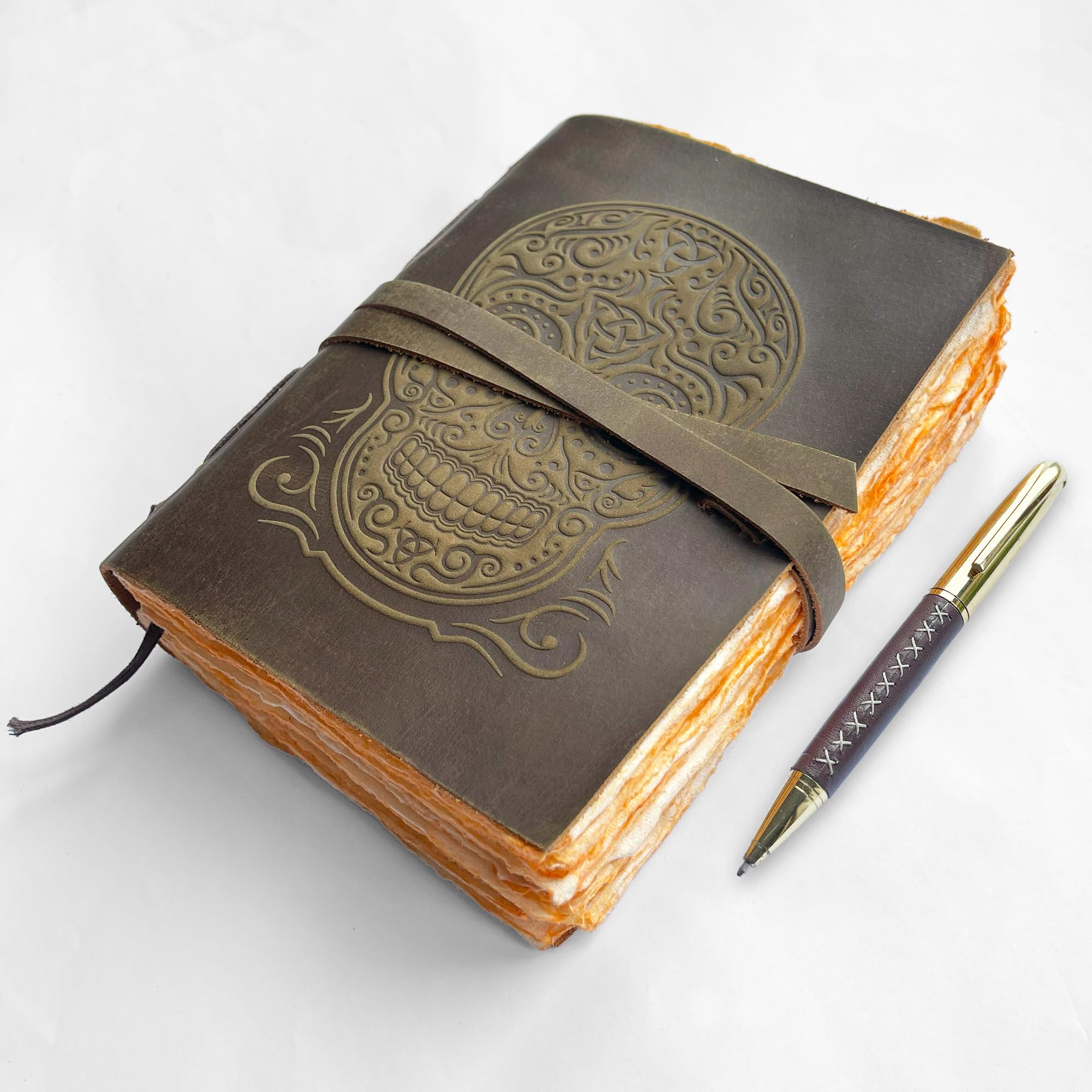 Sugar Skull Handmade Leather Bound Journal with Tree-Free Deckle Edge Paper