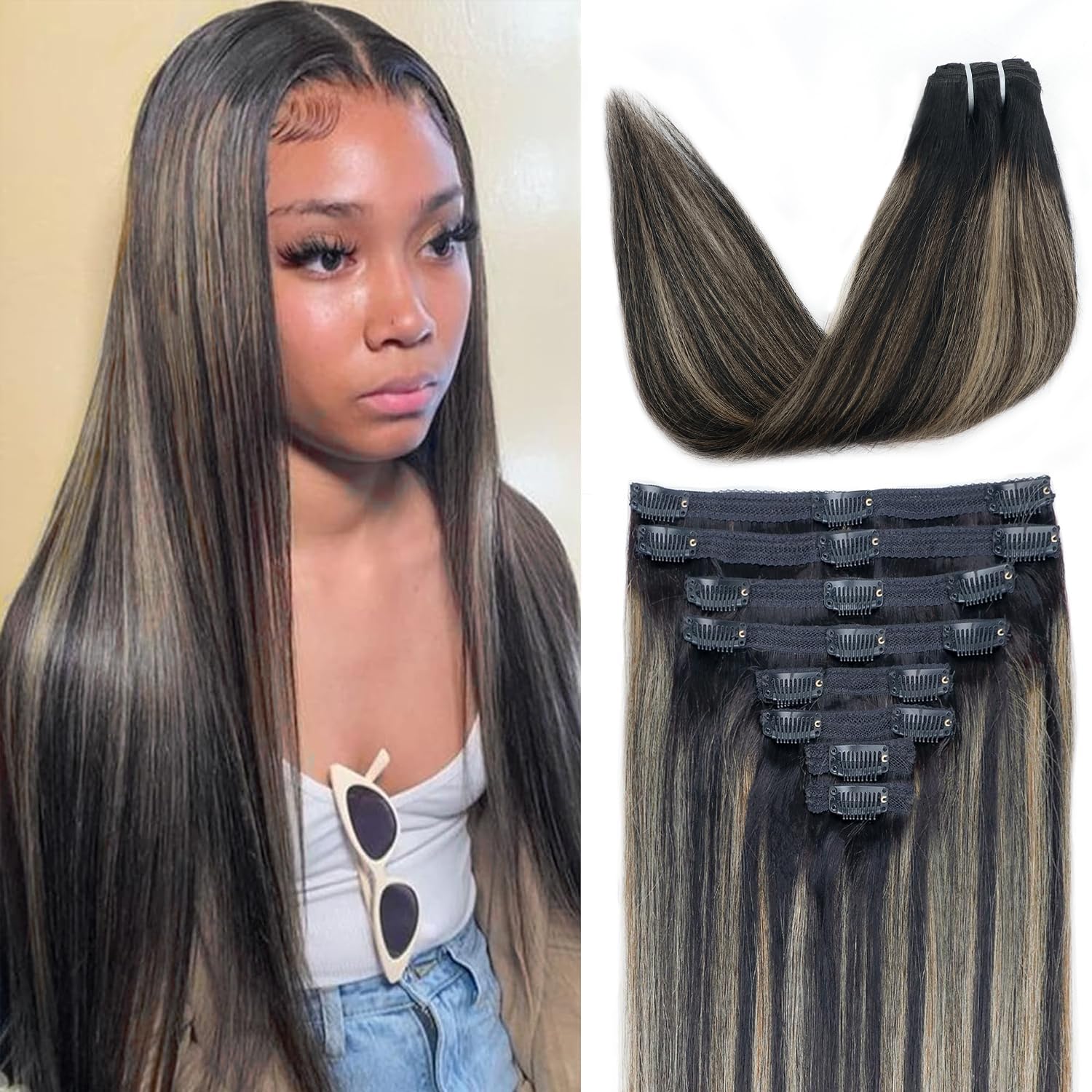 FB27 Balayage Clip In Hair Extensions Real Human Hair Straight Ombre Clip In Black to Blonde Human Hair Extensions Highlight Clip ins Remy Hair for Women 8Pcs with 18Clips Lace Weft 120g 24inch