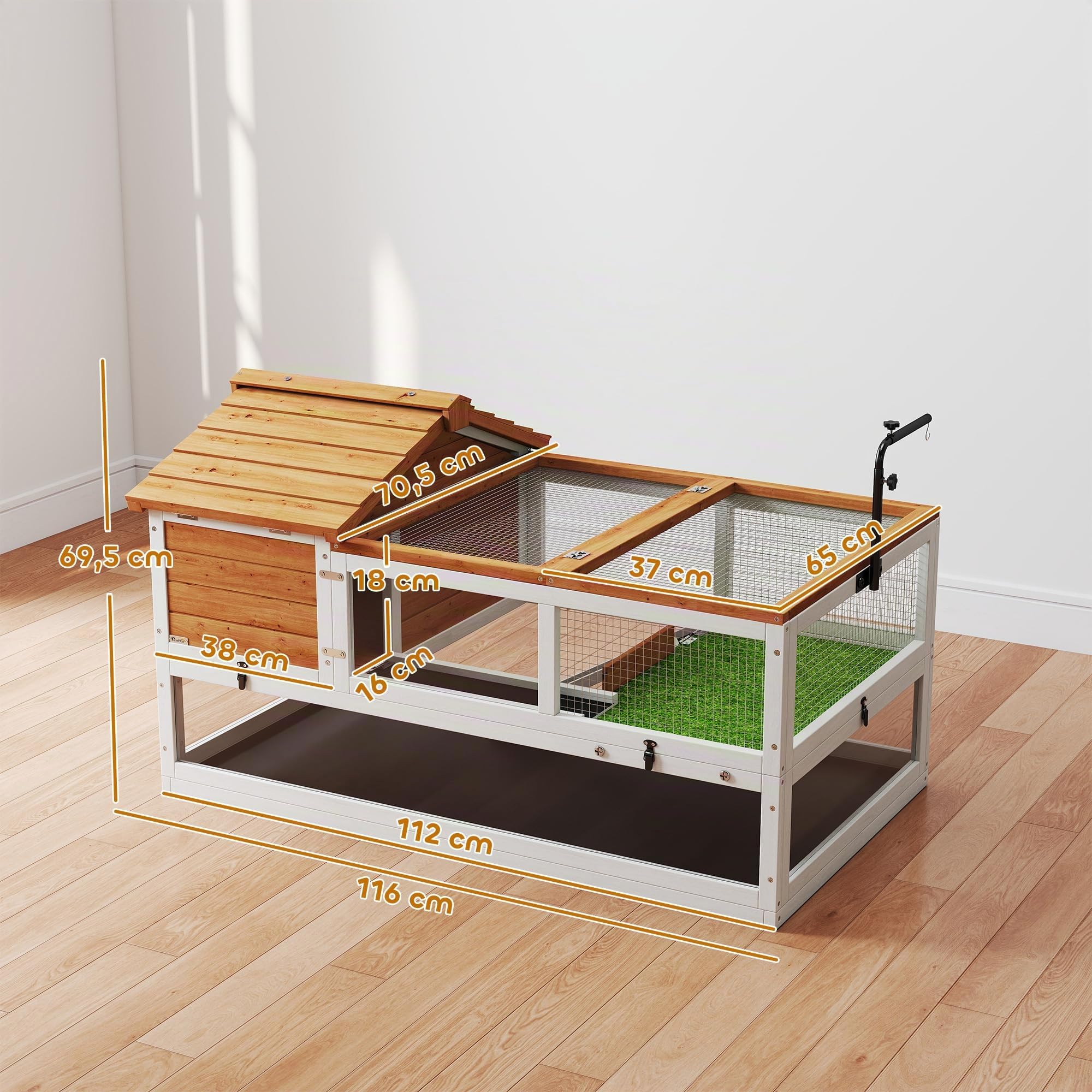 PawHut Casa para tortugas de madera con dos casas principales, soporte para lámparas, jaula de reptiles para exteriores, terrario para tortugas, reptiles, 116 x 70,5 x 69,5 cm, naranja