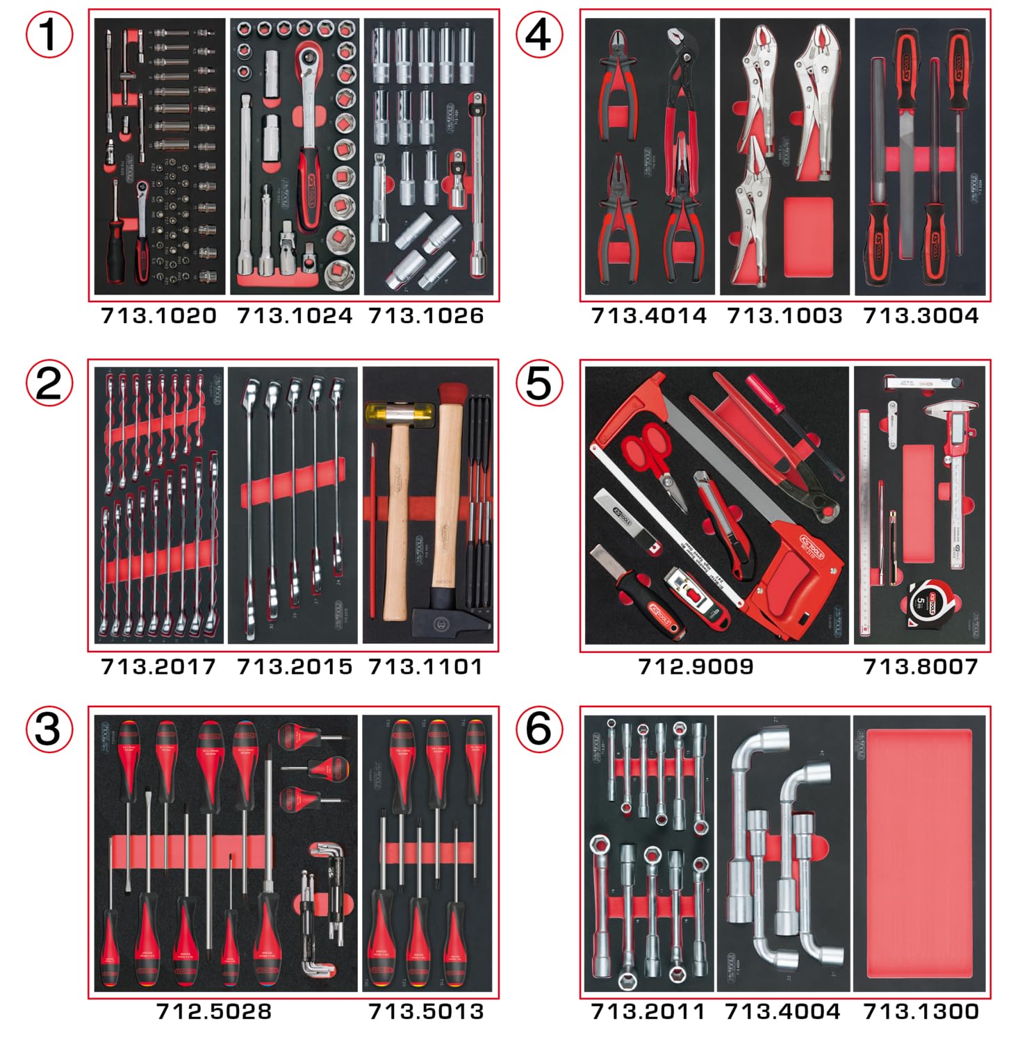 KS Tools 714.0202 - Composition d'outils 6 tiroirs pour servante - Empreinte des outils découpée au laser - Résistant aux huiles et produits chimiques - Mousse imputrescible - 202 pièces