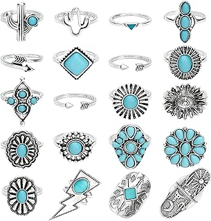 NEWITIN 20 Pieces Turquoise Rings for Women Western Ring Vintage Silver Knuckle Ring Set