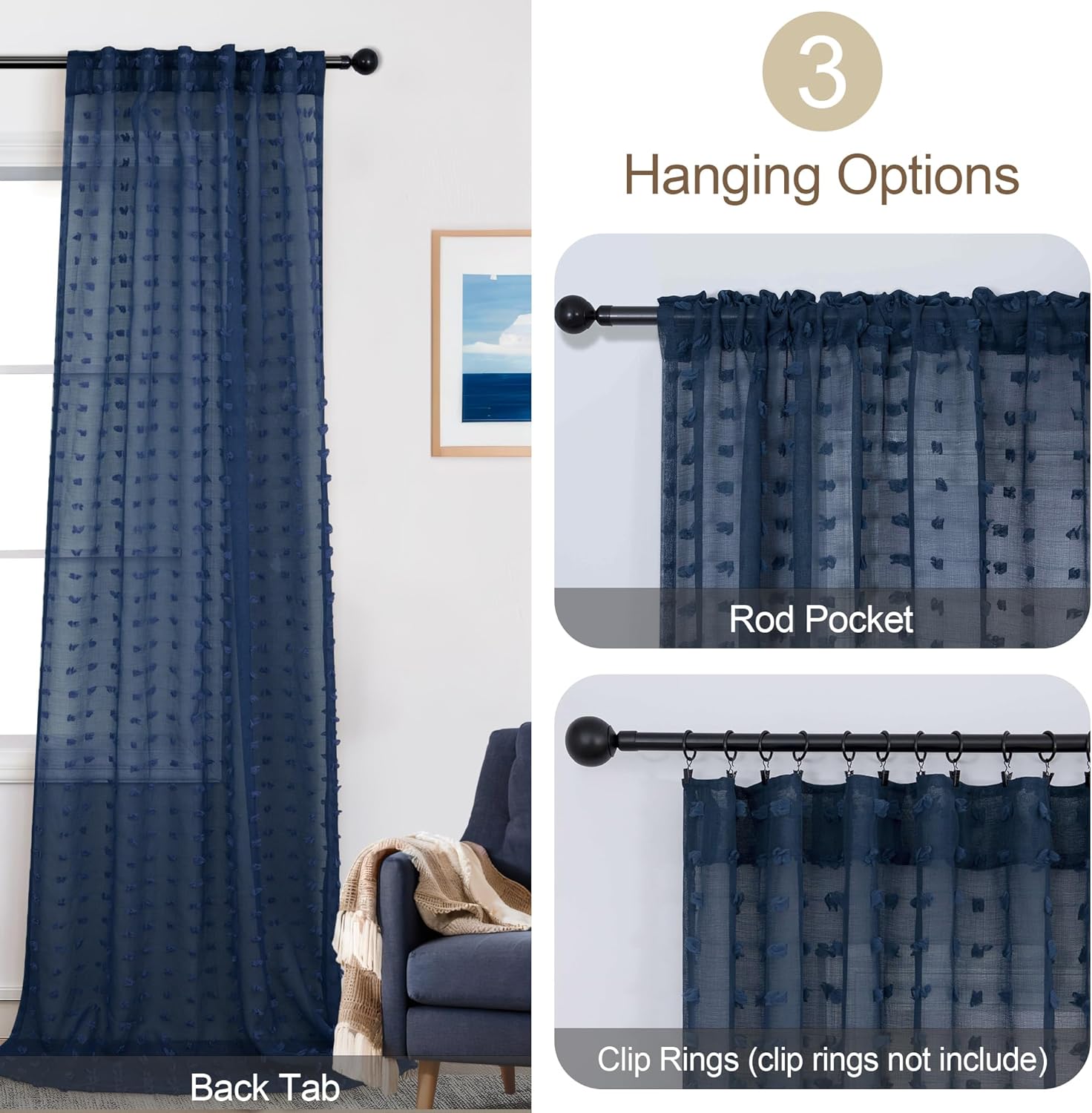 Navy Blue Sheer Curtains 84 Inches Long for Living Room Pom Pom Modern Boho Voile Drapes Window Semi Sheer Transparent Dark Blue Sheer Curtain for Bedroom Boys Kids Room 2 Panels Back Tab 52x84 Length