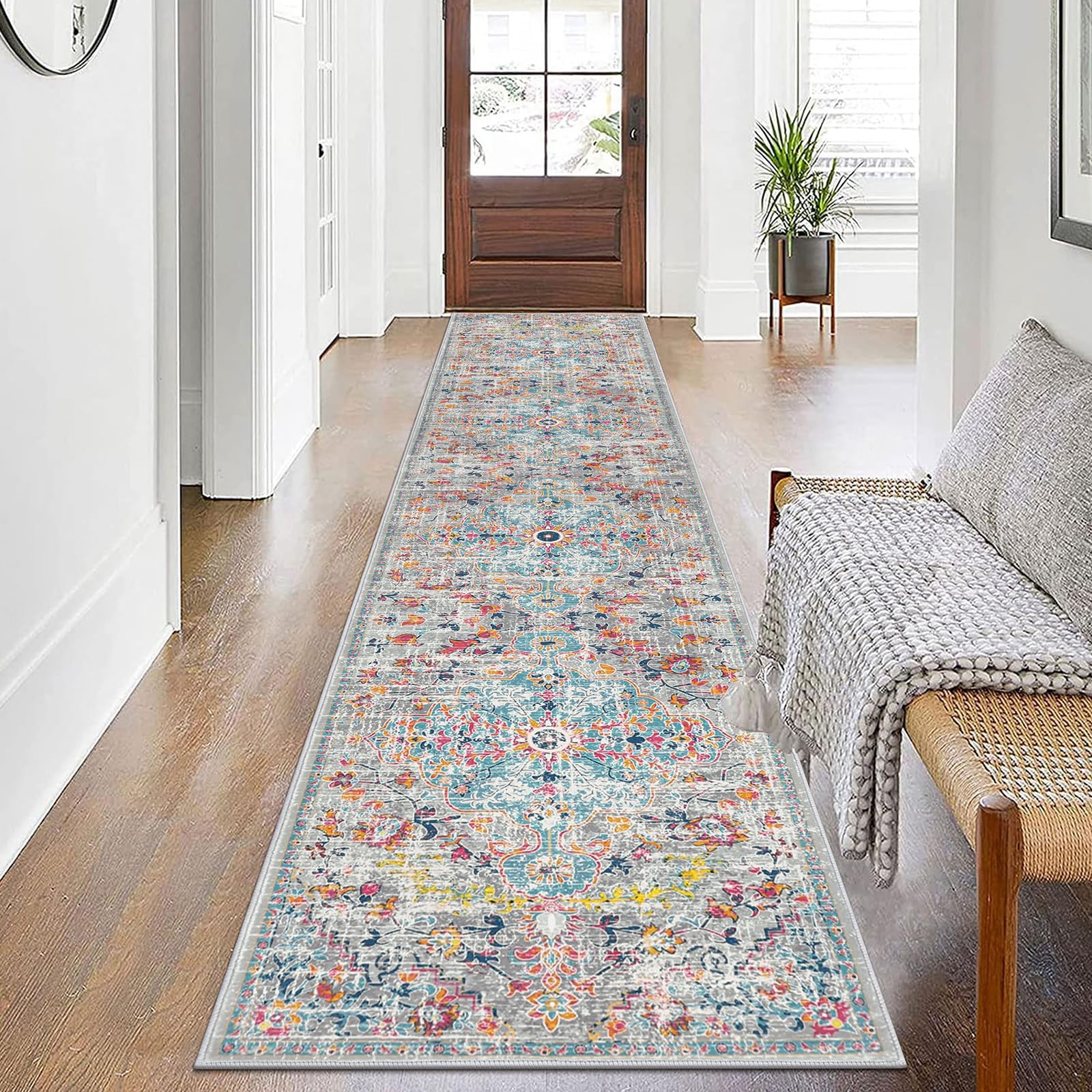 Boho Hallway Runner Rug 2x10 Washable Entryway Area Rugs Non Slip Farmhouse Vintage Floor Mat Carpet Runner for Hallways Laundry Room Kitchen Bathroom Bedroom
