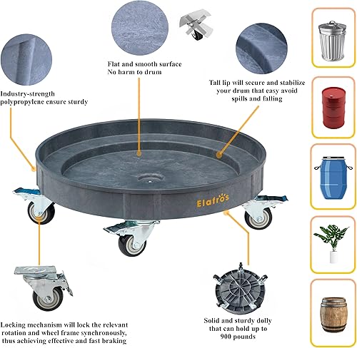 Miniatura 9 de ELAFROS Carrito de tambor de plástico resistente de 30 galones y 55 galones, carrito de tambor de plástico duradero con capacidad de 900 libras, con