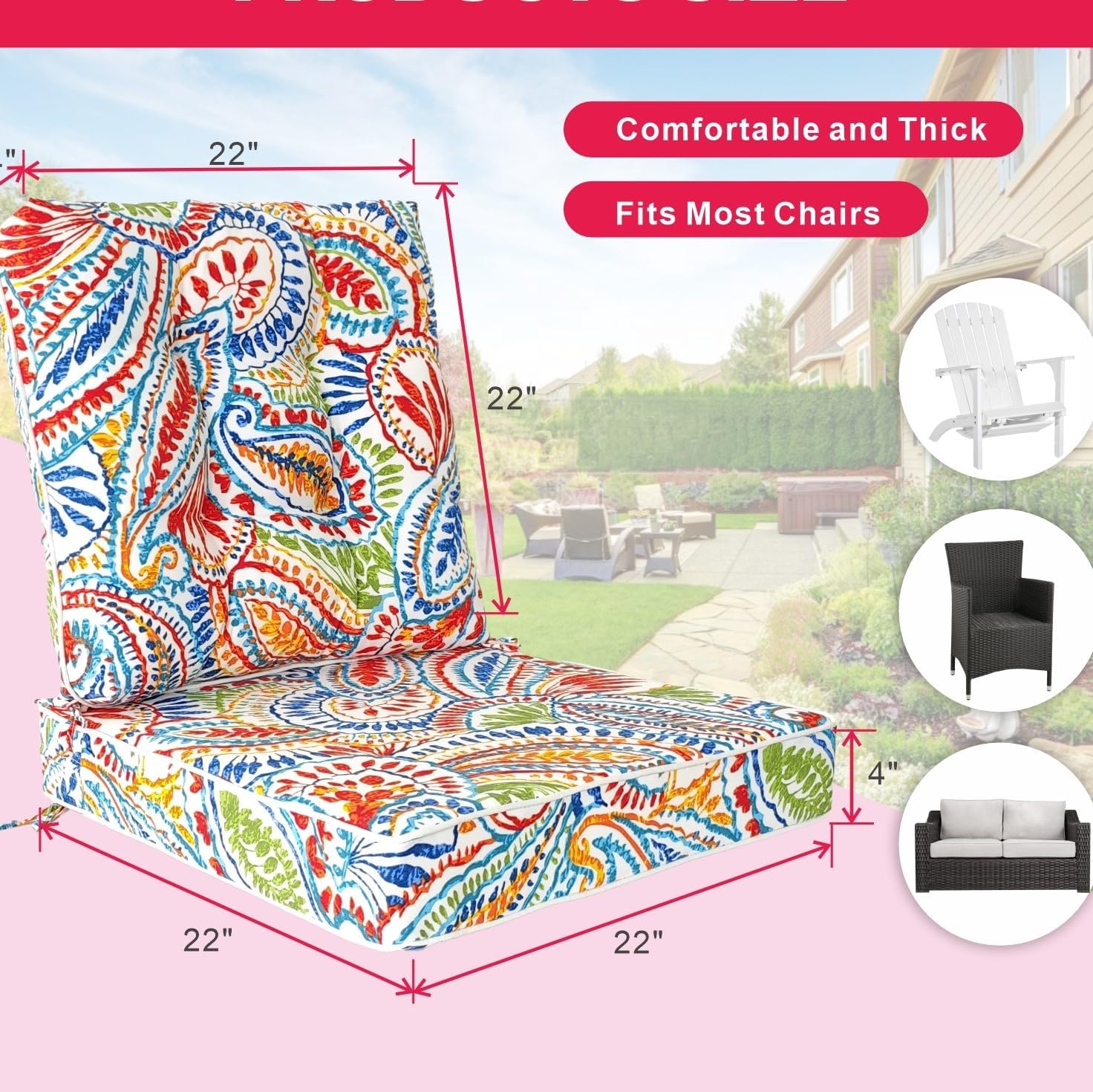 JMGBird Outdoor Chair Cushions Set - 22"x22" Deep Seat & Back Cushions, Water-Resistant Tufted Pillows for Patio Furniture