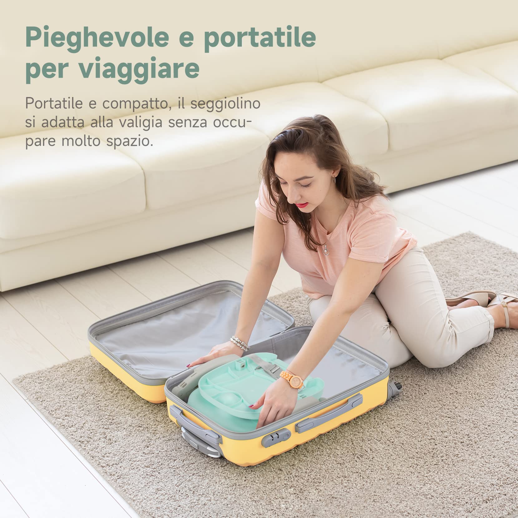 YOLEO Seggiolone Pappa, Portatile Rialzo Sedia Bambini per 6-36 mesi, Seggiolino per Bambini Regolabile con Chiusura Compatta e Vassoio Rimovibile, per uso Interno/Esterno (Verde senza Cuscino)