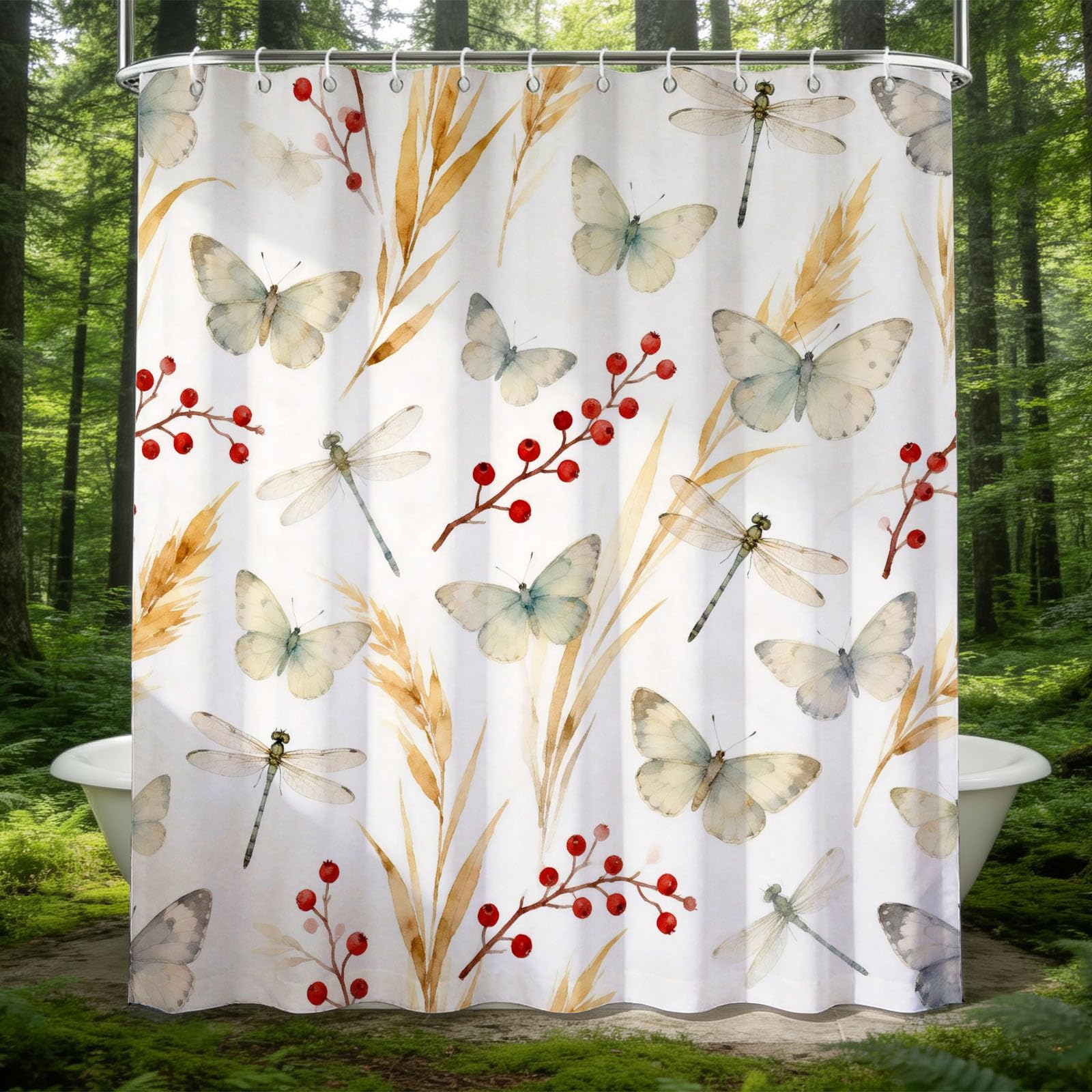 Hongduo 3D Watercolor Insect Shower Curtain for Stalls Bathtubs Pastoral Theme Bathroom Decor Shower Curtain Set Polyester Fabric Waterproof 180x200cm/71X79 Inch with Hooks