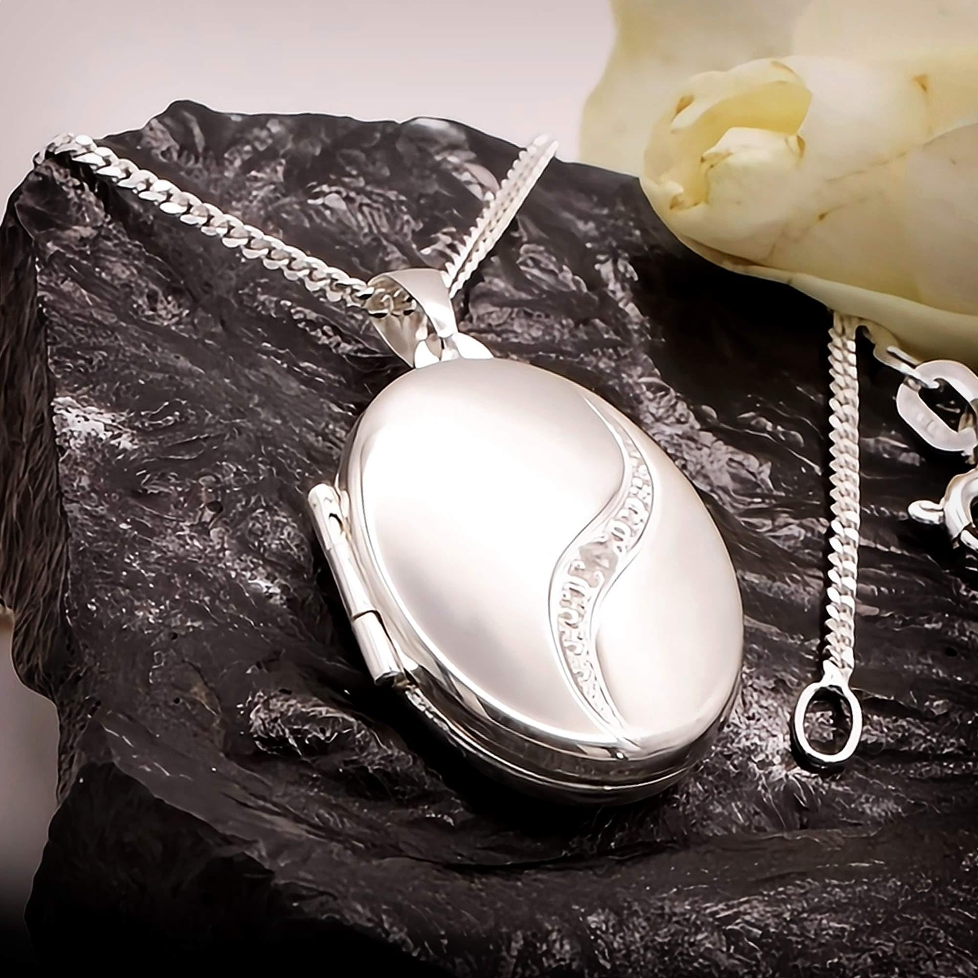 CLEVER SCHMUCK Foto Medaillon 925 Silber Damen Halskette Medaillon oval 21 mm mit Zirkoniastein + Panzerkette 55 cm STERLING im Luxus Etui