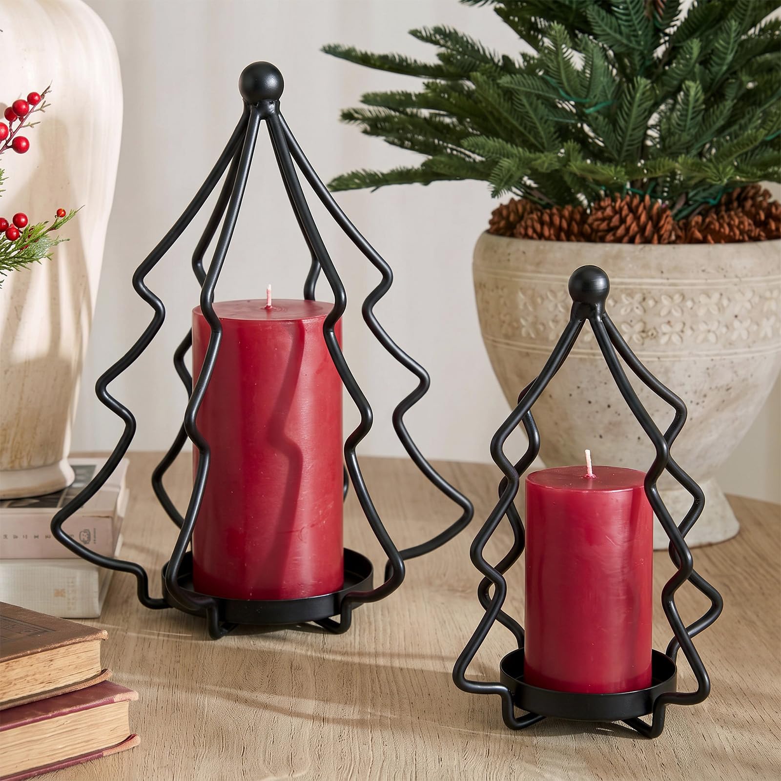 2 Pcs Black Metal Christmas Tree Candle Holders Farmhouse Xmas Decor