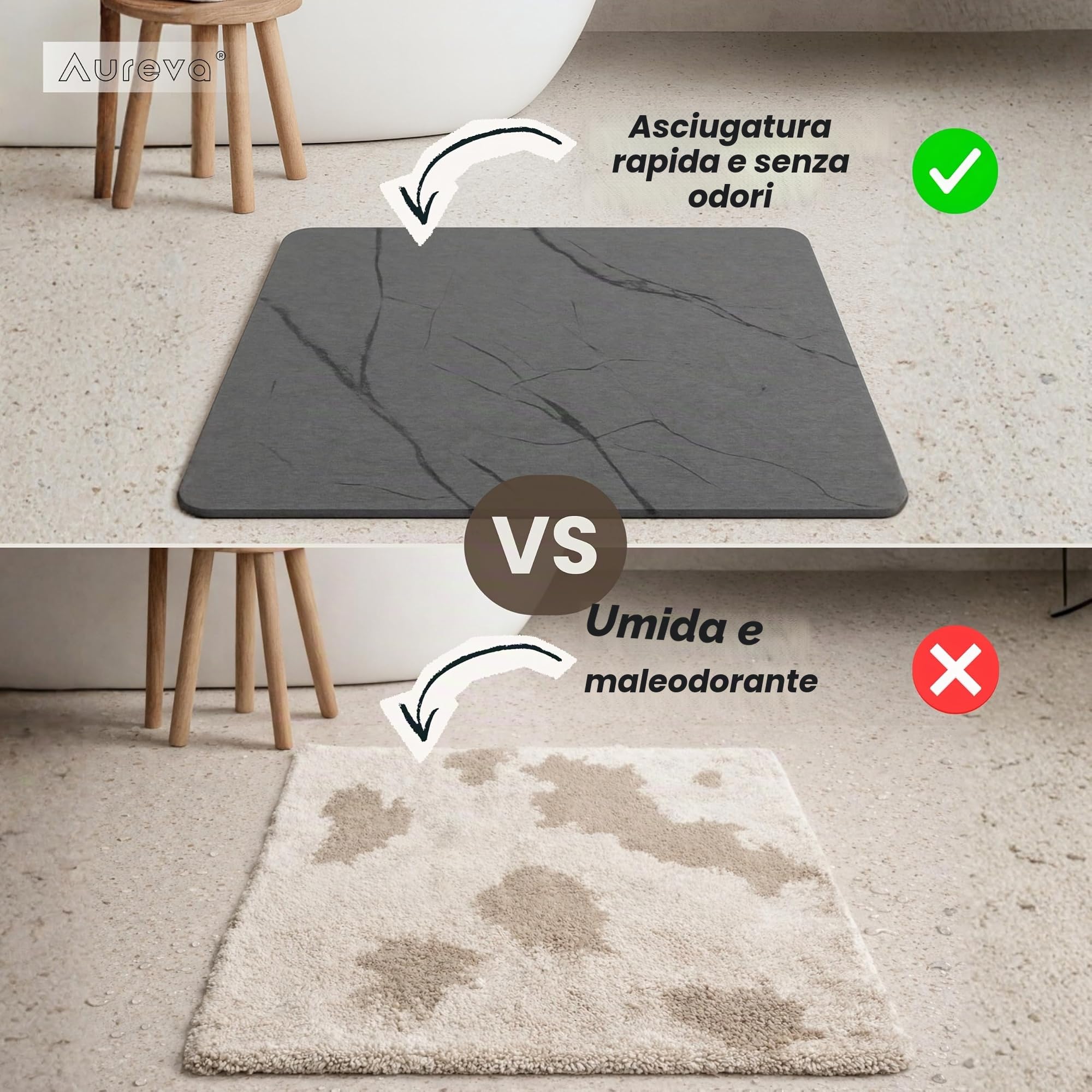 Tappeto Diatomite Bagno 60 x 40 cm - Asciugatura rapida, antiscivolo e antibatterico - Tappetino da bagno - Pietra diatomite bagno - Stone Bath Mat - Tappeto doccia - anche come scolapiatti cucina