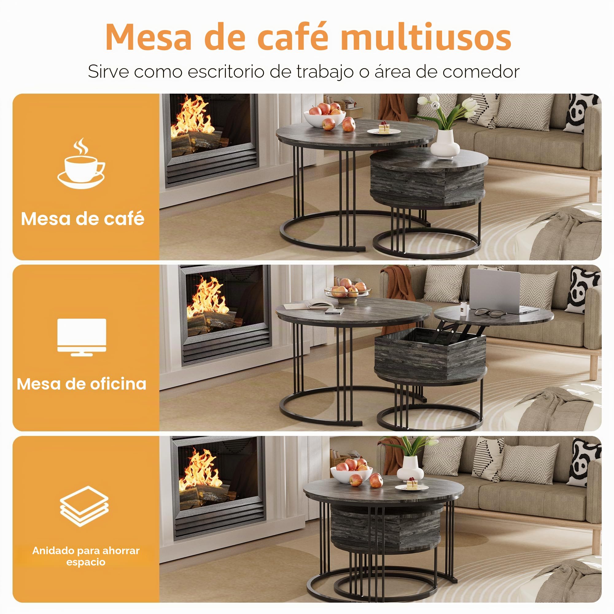 Mesa de Centro Redonda – Juego de 2 Mesas Nido de 70cm/50cm, Tapa Elevable Hidráulica con Almacenamiento Oculto, Mesa Central para Sala de Estar, Espacios Pequeños, Oficina en Casa