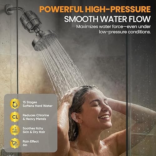 Miniatura 4 de Cabezal de ducha filtrado para agua dura – Lujoso filtro de ducha de alta presión de 25 etapas con cabezal de ducha de acero inoxidable real