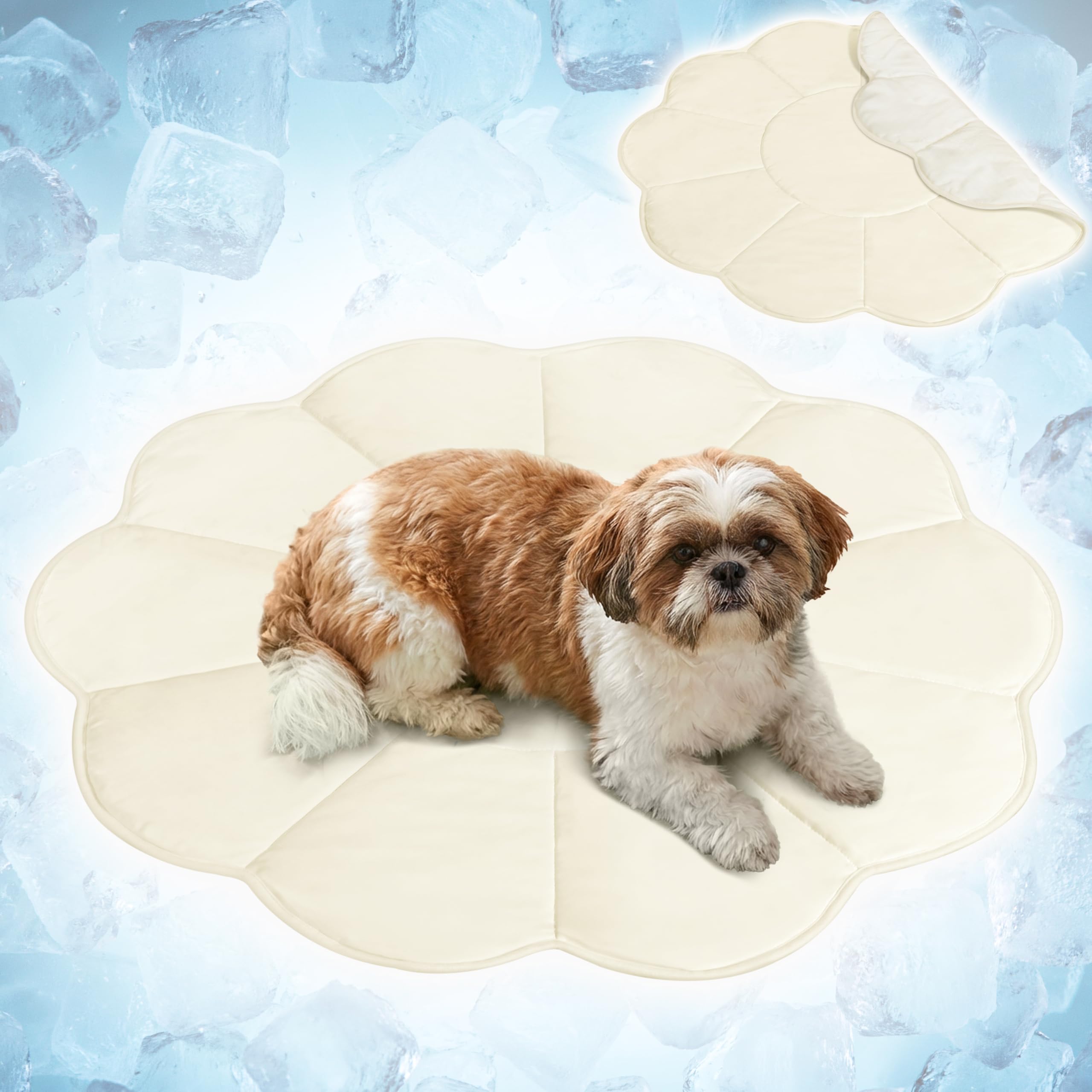 PetAmi Kühlmatte für Hunde, Blumenform, Haustierunterlage mit kühlendem Nylon und weichem Fleece, Q-Max > 0,4, wendbar, Ganzjahresdecke für Hunde und Katzen, Größe M, 111,8 x 111,8 cm, Beige