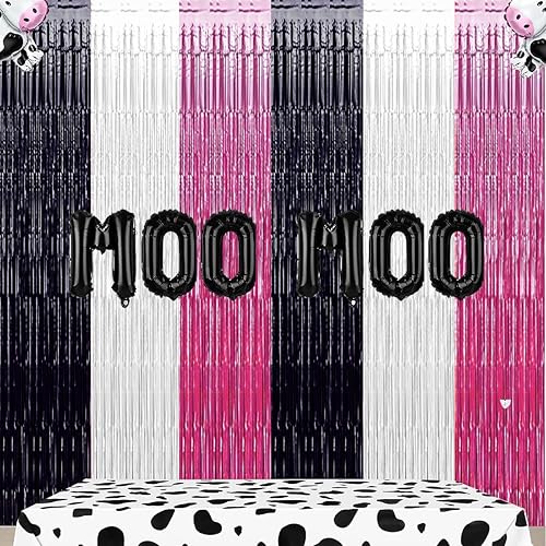 Miniatura 4 de Decoraciones de fiesta de cumpleaños con estampado de vaca, telón de fondo rosa, negro y blanco, cortinas de oropel de papel de aluminio para fiesta