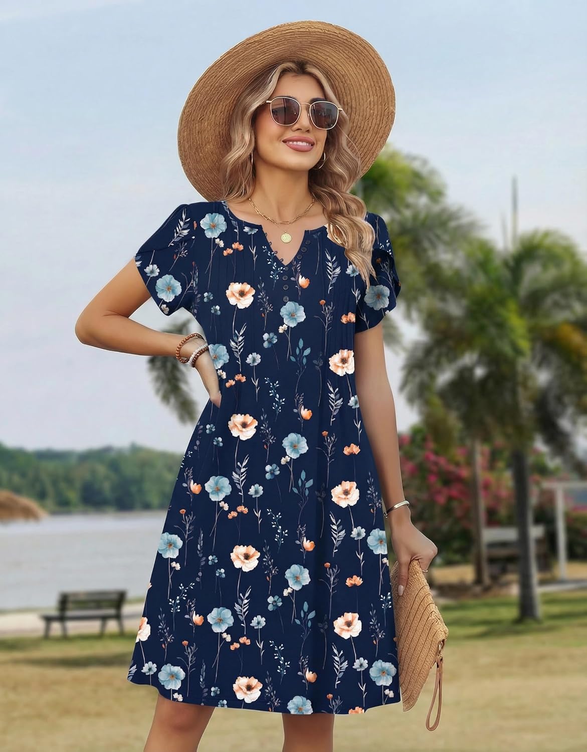 Zeagoo Women's Casual Dresses with Pockets Summer Floral V-Neck A-Line Tshirt Dress Short Sleeve Mini Dress Beach Sundress - Image 6