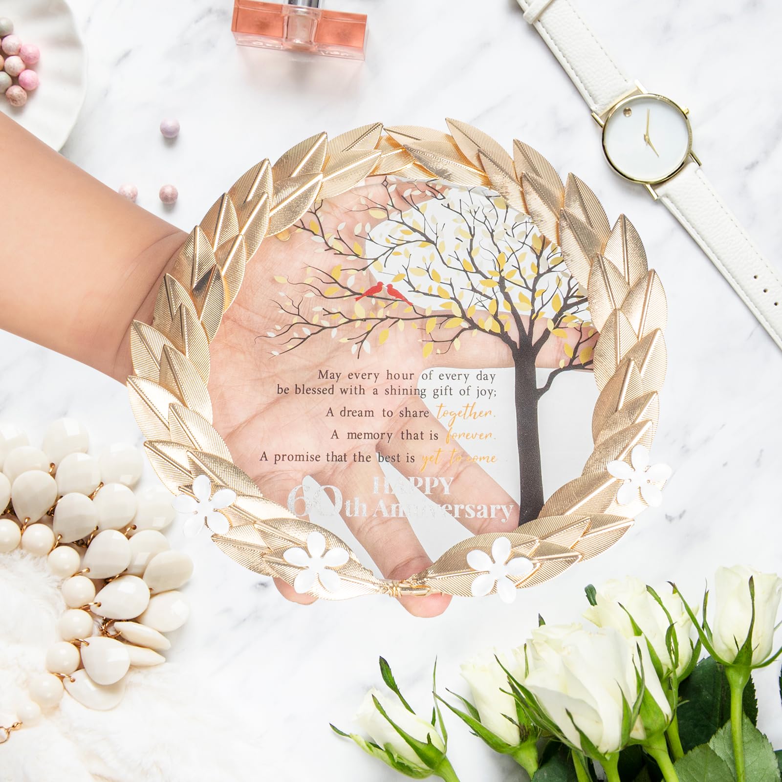 Assiette Céramique 60e Anniversaire Avec Feuille D'Or 24 Carats - Cadeau Pour 60 Ans De Mariage - 22,9 Cm