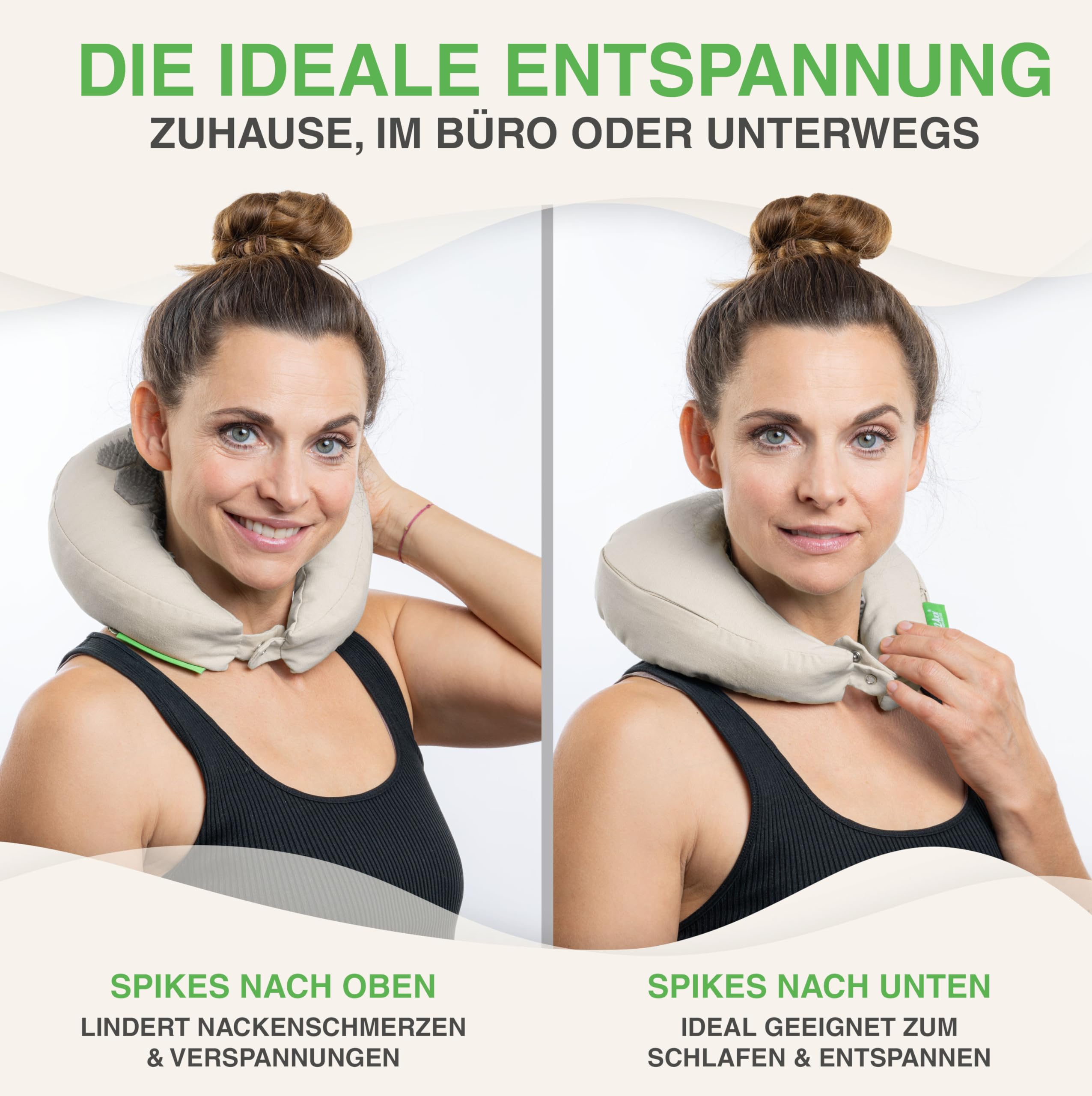 BACKLAXX® Cuscino da Viaggio Agopressione, Grano Saraceno & Funzione Flip | Cuscino agopressione collo per viaggio, auto & aereo: cuscino cervicale 27x27 cm con fodera, 916 punte, grano saraceno