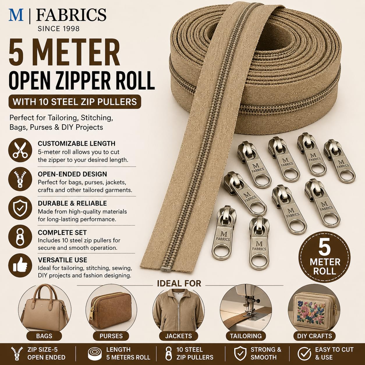 M Fabrics 5 Meters Open Zipper with 10 Steel Zip Puller in Meter for Tailoring, Stitching, Bags and Purse (Open Ended Zip) - (5 Meter Roll + 10 Steel Zips Runner) - (Beige) 1
