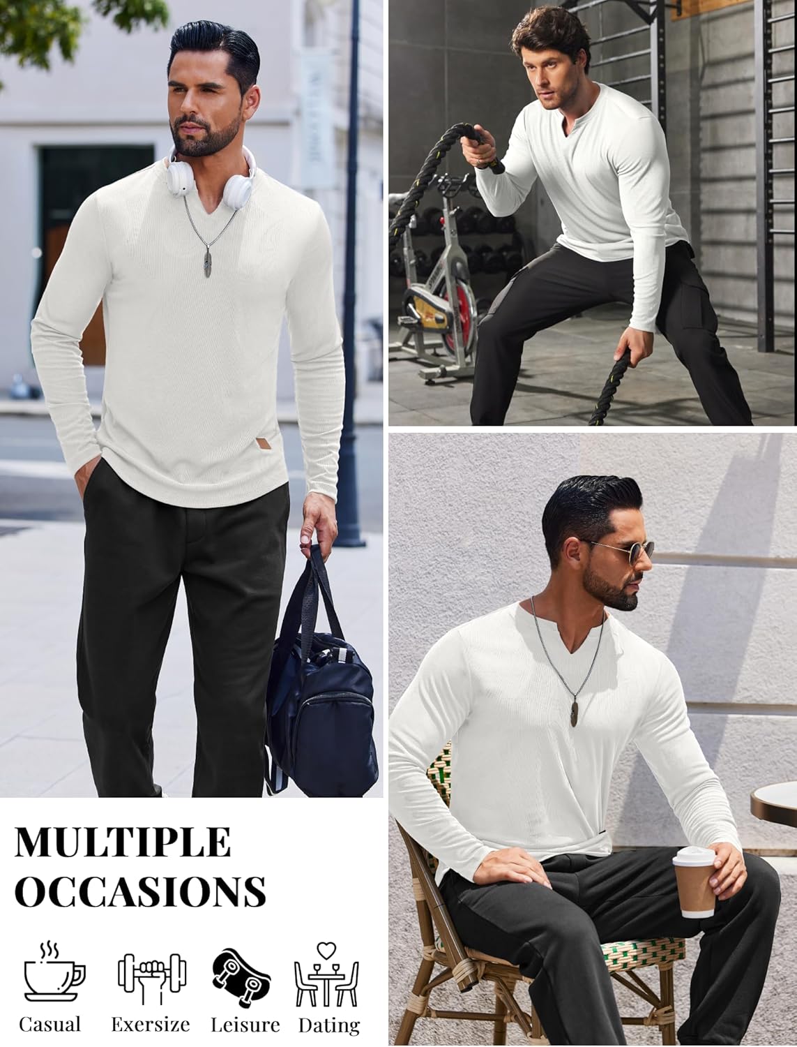 COOFANDY Men's Long Sleeve Muscle T Shirts Casual V-Neck Slim Fit Longline Ribbed Shirts Stretch Tee Shirts - Image 6