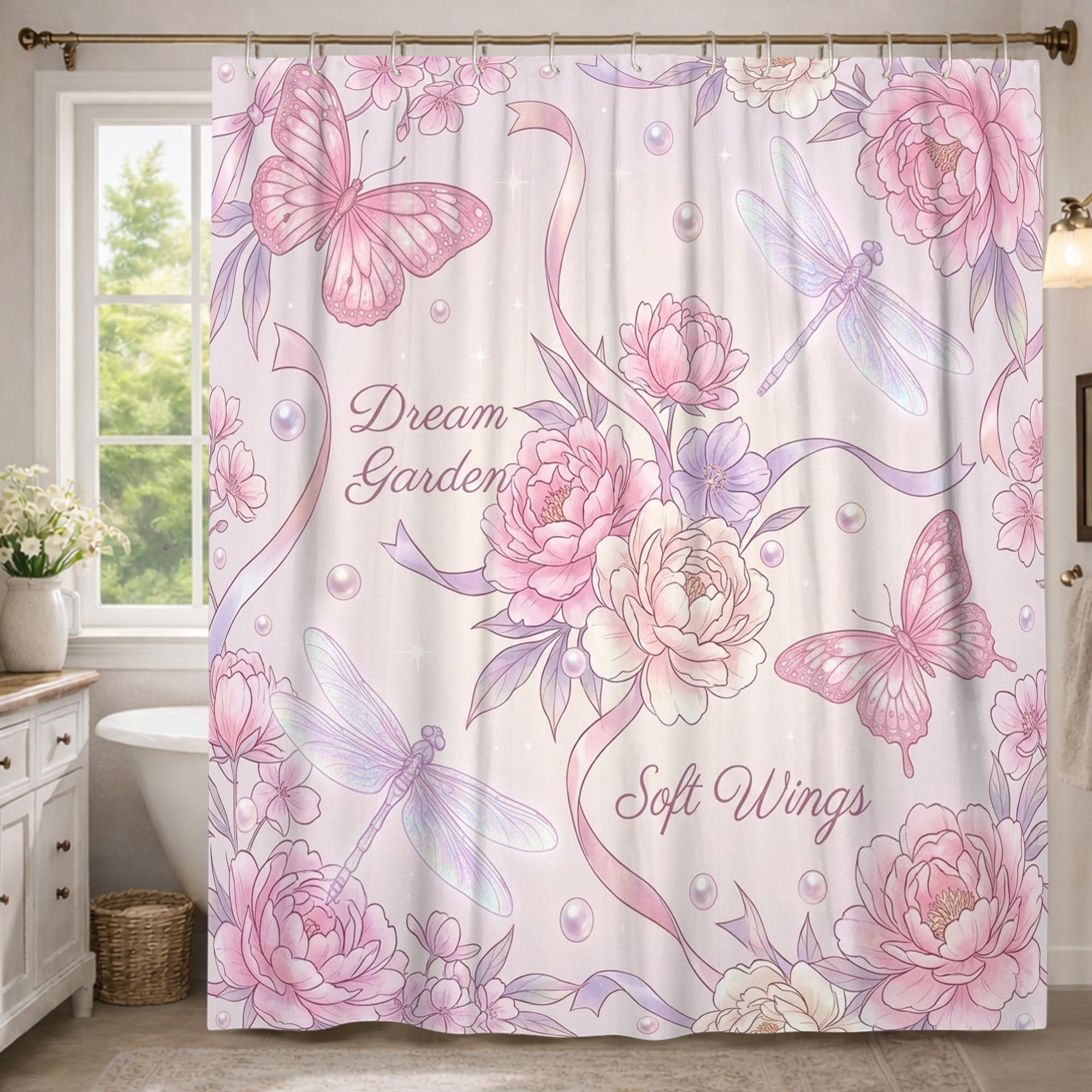 Rideau de douche imperméable anti-moisissure grand format pivoine rose
