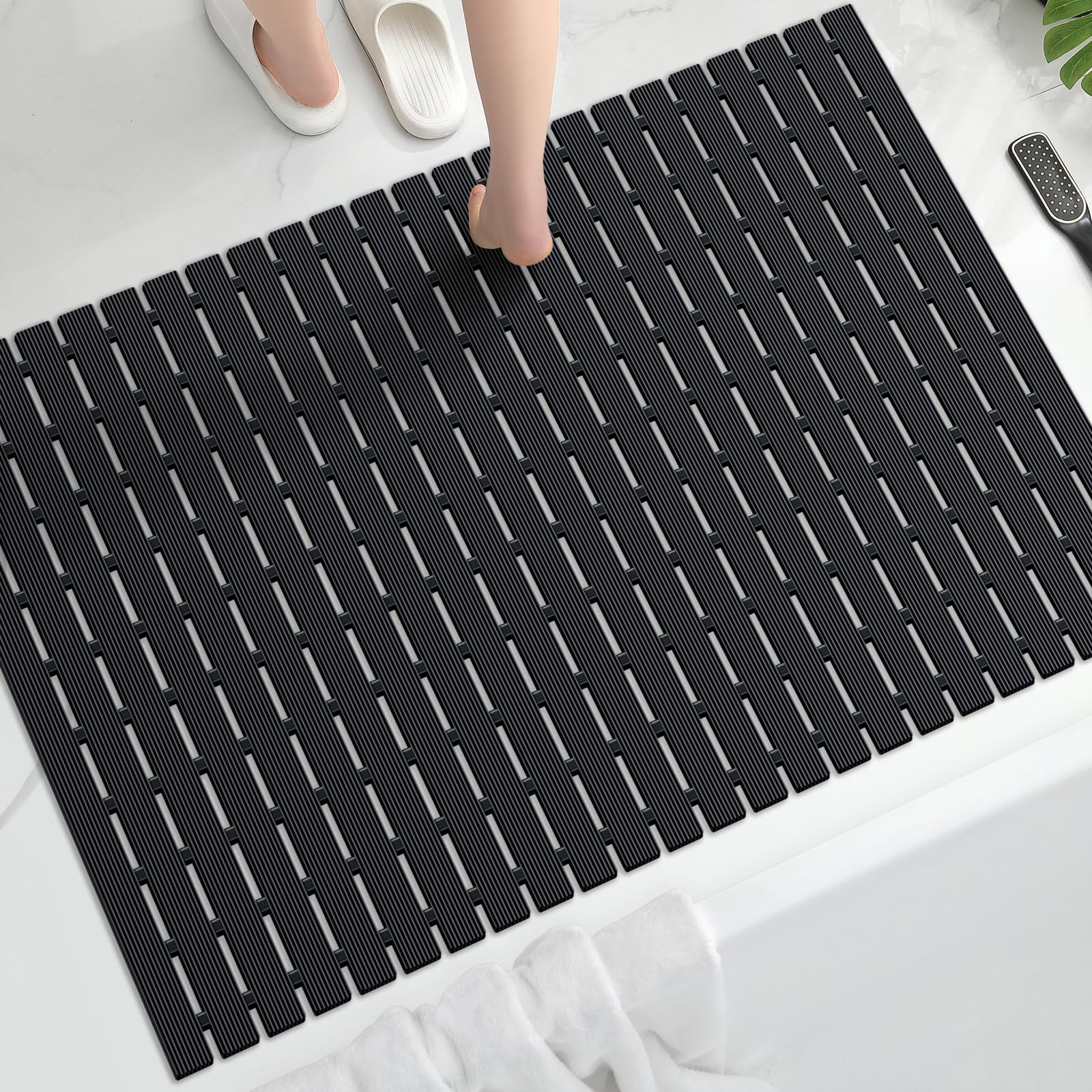 Yolife Extra Large Shower Mat, Non Suction Cup 35.4 × 24 Inch Shower Floor Mat Non Slip Curlable Stand Up Shower Mat Quick Drain,Easy to Cut Heavy Shower Mat