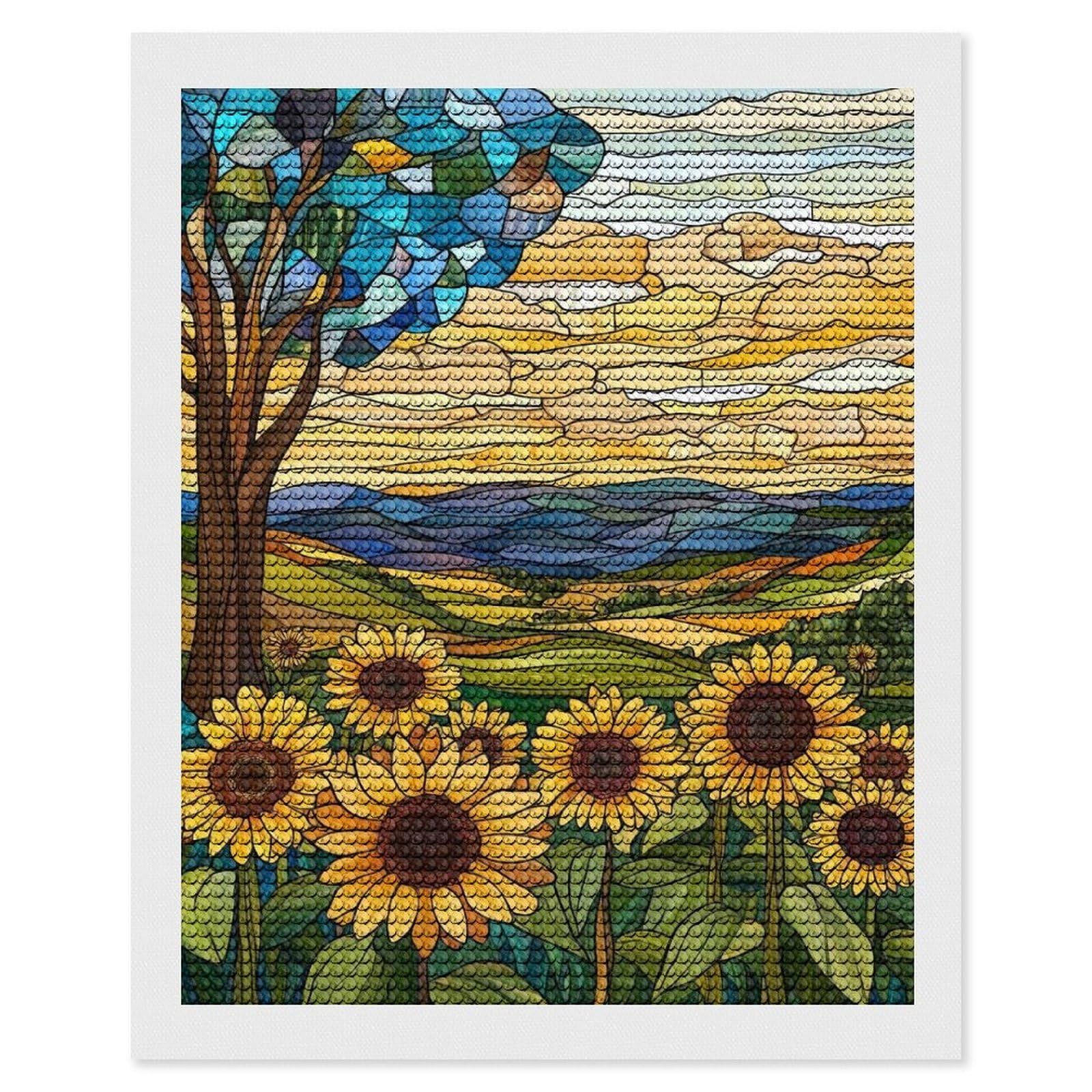 Junmoney Stained Glass Sunflower Field Diamond Painting Canvas Kit 16"x20", Adhesive Canvas, Living Room Decor, Farmhouse Decor, Winter Craft
