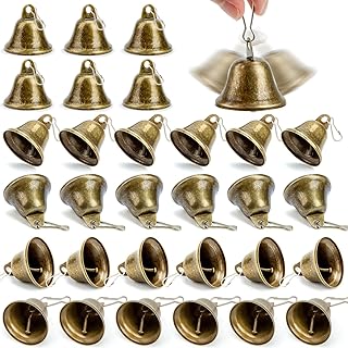 MCPINKY 34PCS Craft Bells, Small Brass Bells with Spring Hooks Hanging for Homes, Wedding Party Decorations, Keychain, Hanging Wind Chimes, 1.7" X 1.5", Vintage