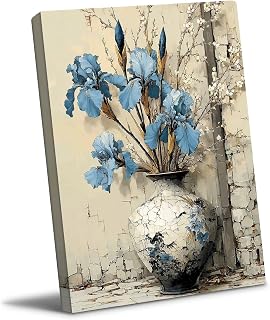 Farmhouse Flower Canvas Wall Art Rustic Oil Painting Prints Blue Irises in Crackled Vase with White Blossoms on Distressed Beige Wall Stone Floor for Living Room Kitchen Decor Framed 24x32in