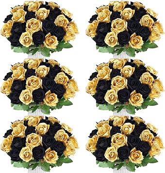 90PCS Black Gold Rose Artificial Flowers, Faux Silk Roses, Realistic Roses Bouquet for Anniversary, Baby Shower, Birthday, Graduation, Table Centerpieces, New Years, Valentines Day Decorations