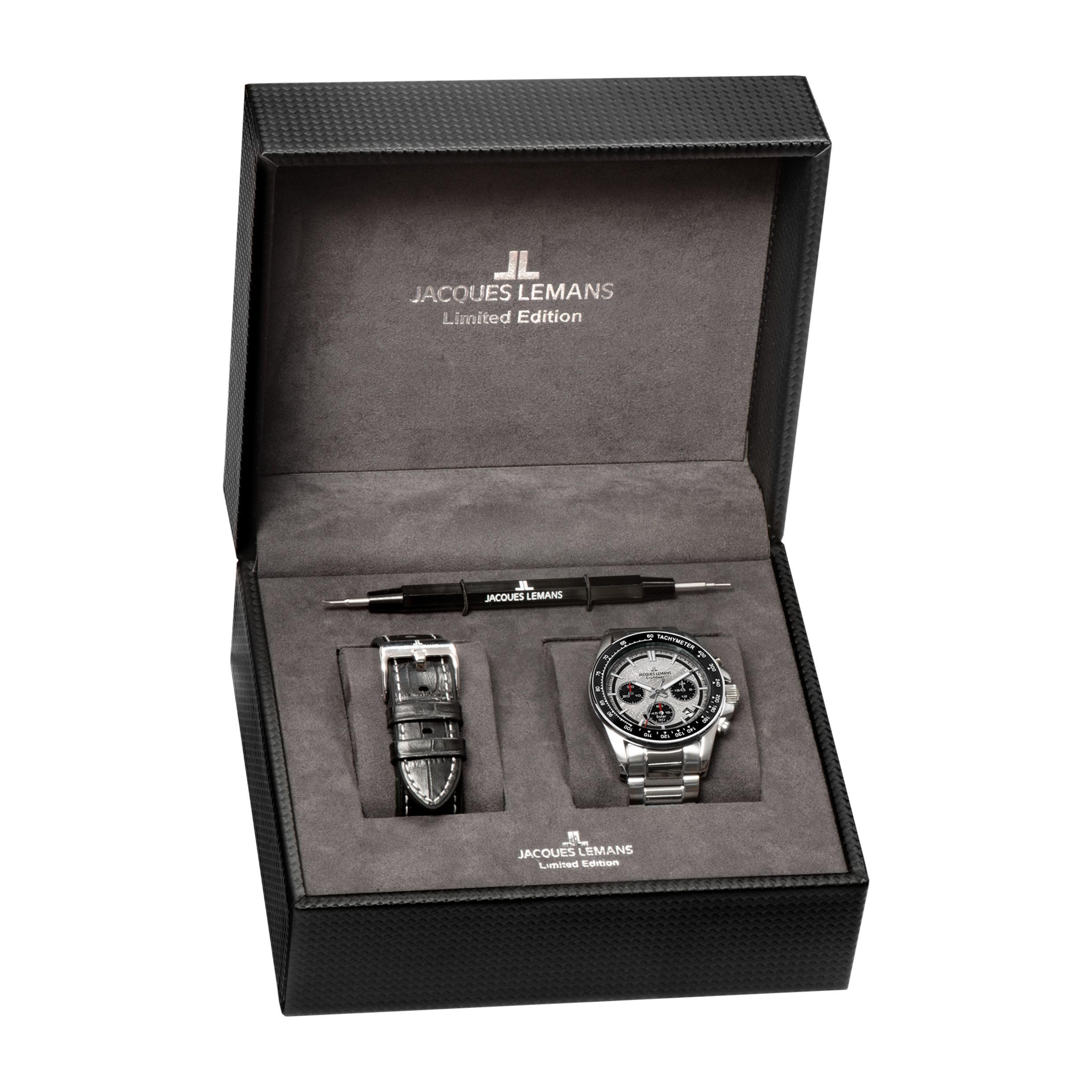 JACQUES LEMANS 50-10A Solar Chronograph Limited Edition zegarek męski 42 mm szkło szafirowe 10 ATM bransoletka ze stali nierdzewnej kolor srebrny ze skórzanym paskiem