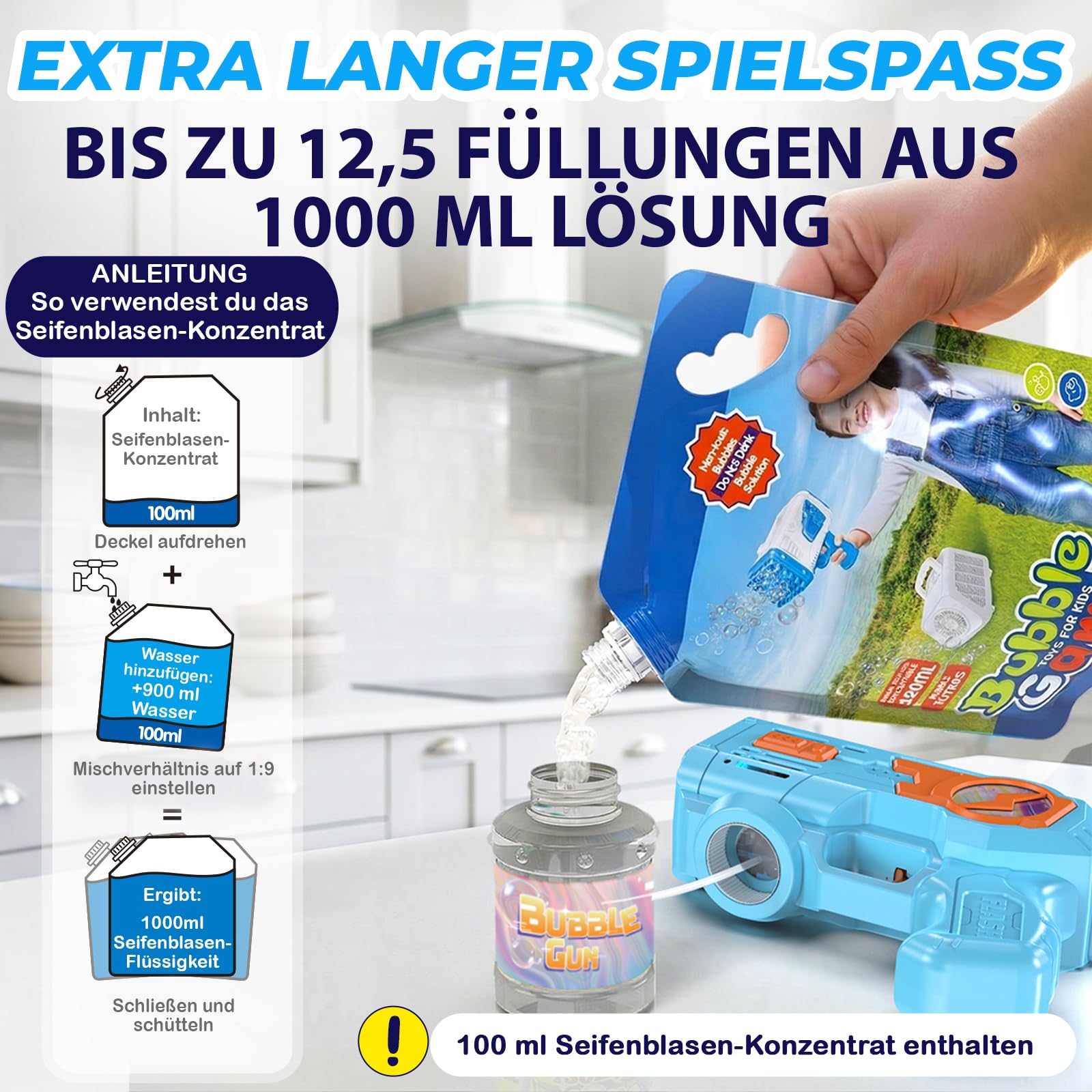 Blubbel 2X Seifenblasenpistole Set - LED Seifenblasenmaschine mit -1L Seifenblasenflüssigkeit, Seifenblasen Pistole - Blasen Kanone Luftblasen Bazooka Bubble Gun - Geschenke für Kinder - Hochzeit