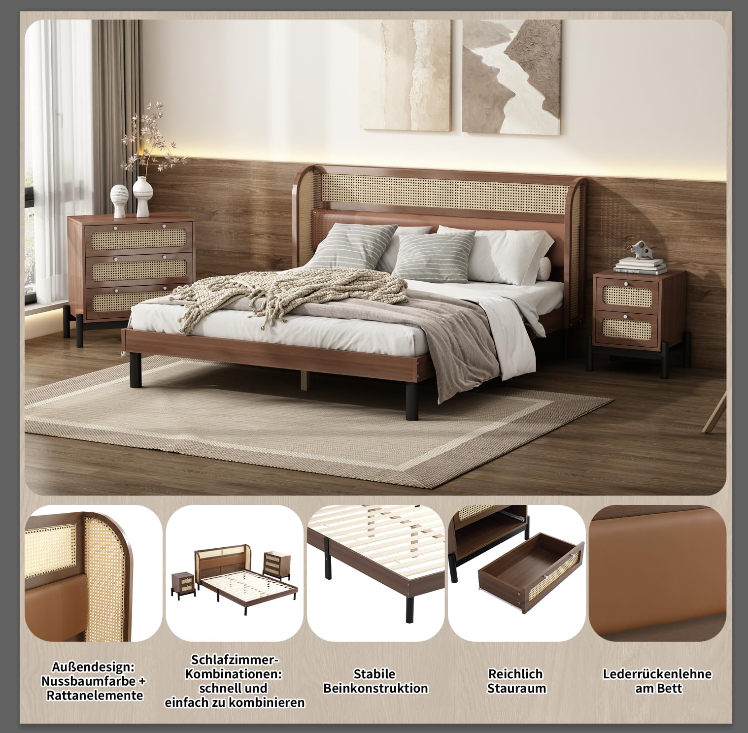 Set di 3 camere da letto complete, in rattan moderno, letto matrimoniale, comodino+cassettiera, 160 x 200 cm, letto matrimoniale con imbottitura in poliuretano e rattan, comodino con 2 cassetti,